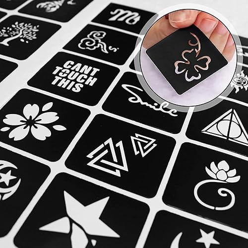 Miniatura 7 de Kit de plantillas de tatuaje de henna reutilizable para niñas y niños, más de 423 plantillas de tatuaje, plantilla de tatuaje con aerógrafo con