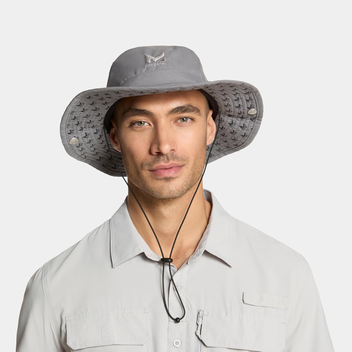 MISSION Cooling UPF Bucket Hat - Unisex Sun Hat for Hiking, Golfing & Fishing - Sweat & Water Activated Technology, Charcoal Mission Print