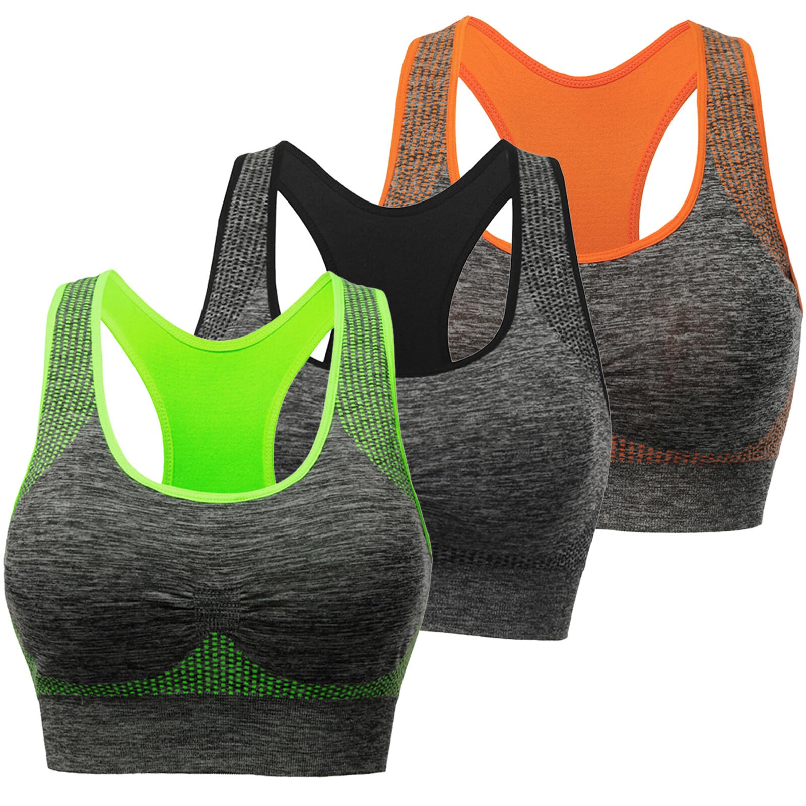 Photo 1 of Lykoxa Sports Bras for Women Pack: Multipack Padded Medium Support Bra for Workout Gym Yoga Medium Pack of 3: Green+black+orange