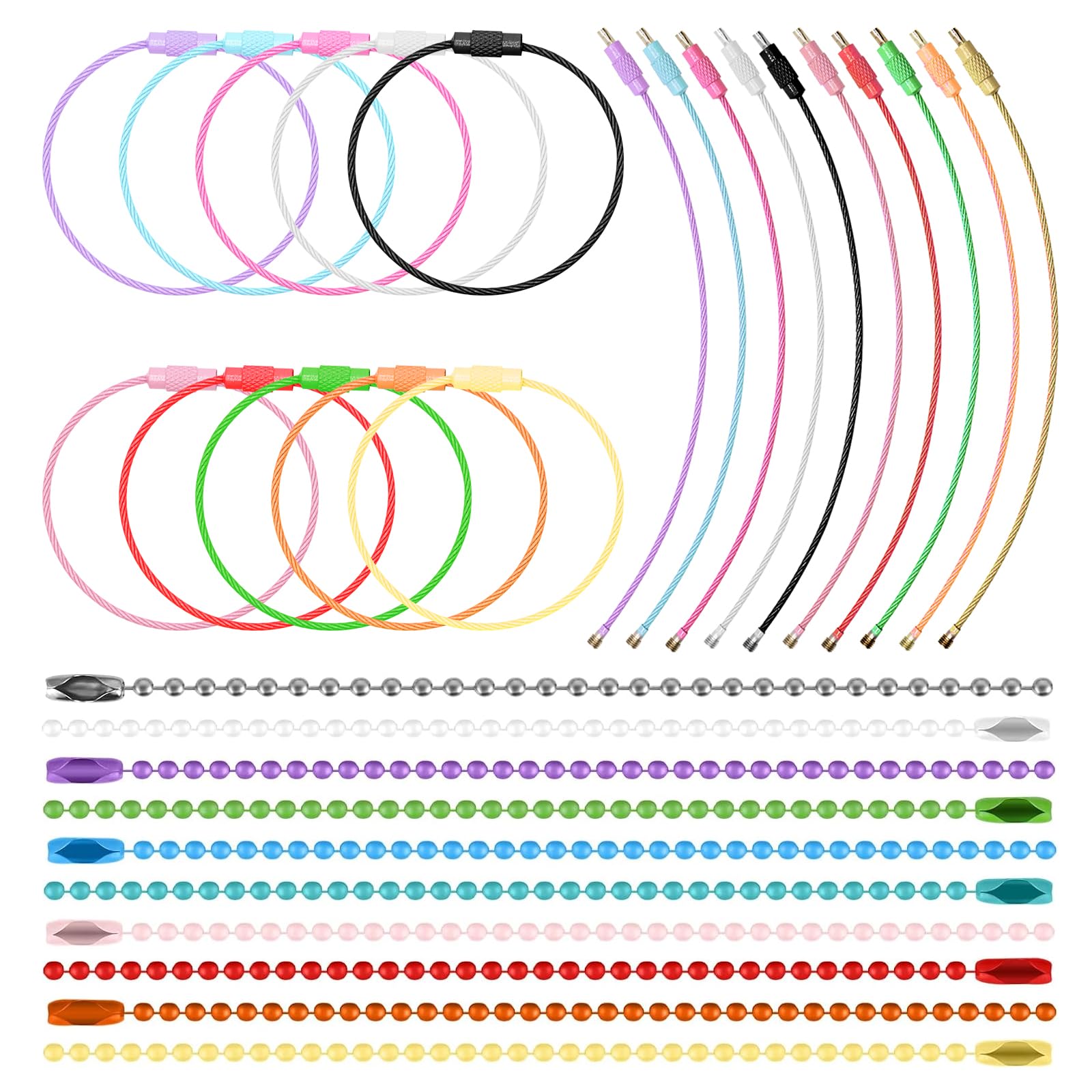 Waltool 150Pcs Jewelry Keychain Making Set Contains Colorful Steel Wire Key Ring Steel Cable Wires Key Ring and Ball Beads Chains with Connectors for