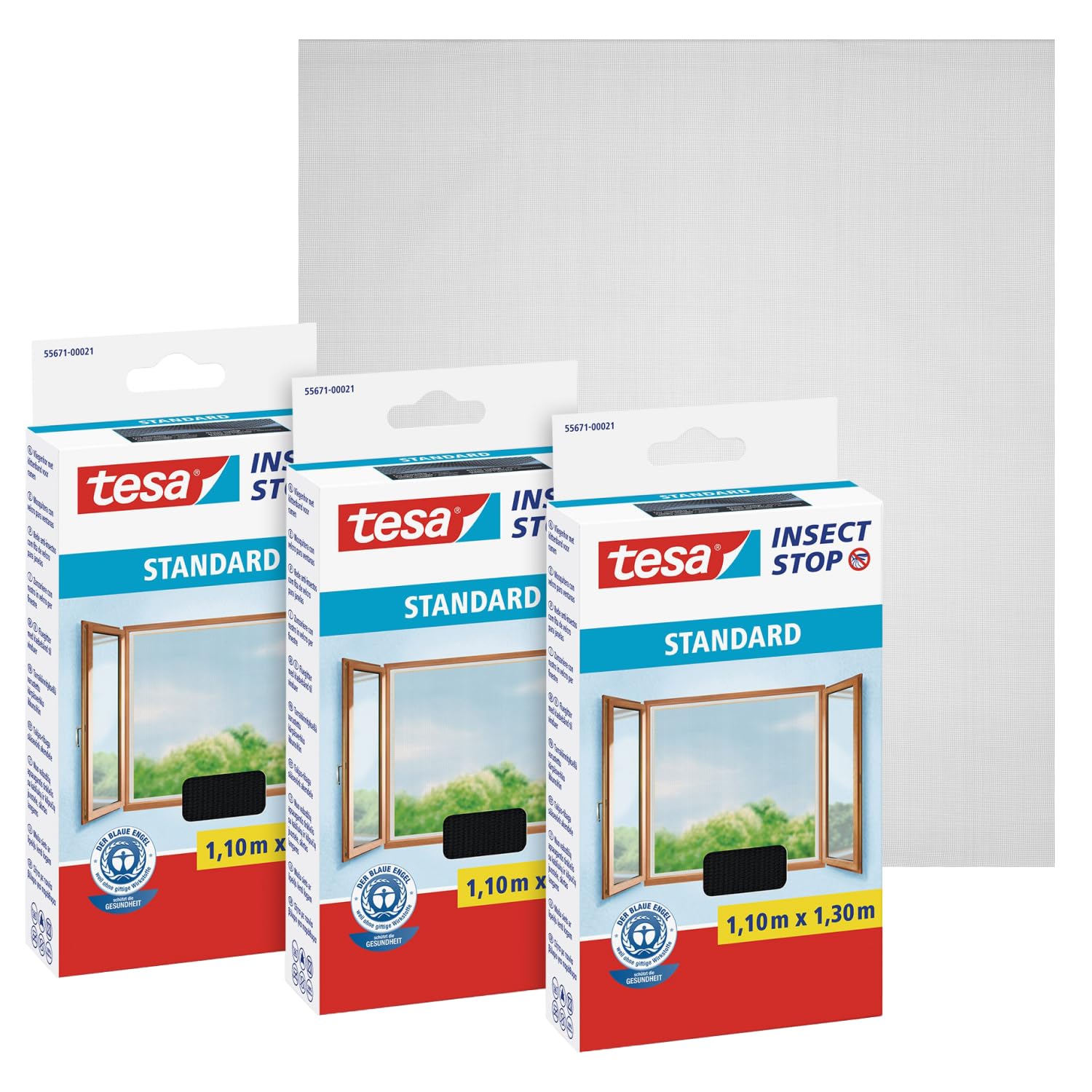 tesa Insect Stop Klett Fliegengitter für Fenster - Insektenschutz mit Klettband, zuschneidbar - Mückenschutz ohne Bohren - 3 x Fliegen Netz - 110 cm x 130 cm - Anthrazit
