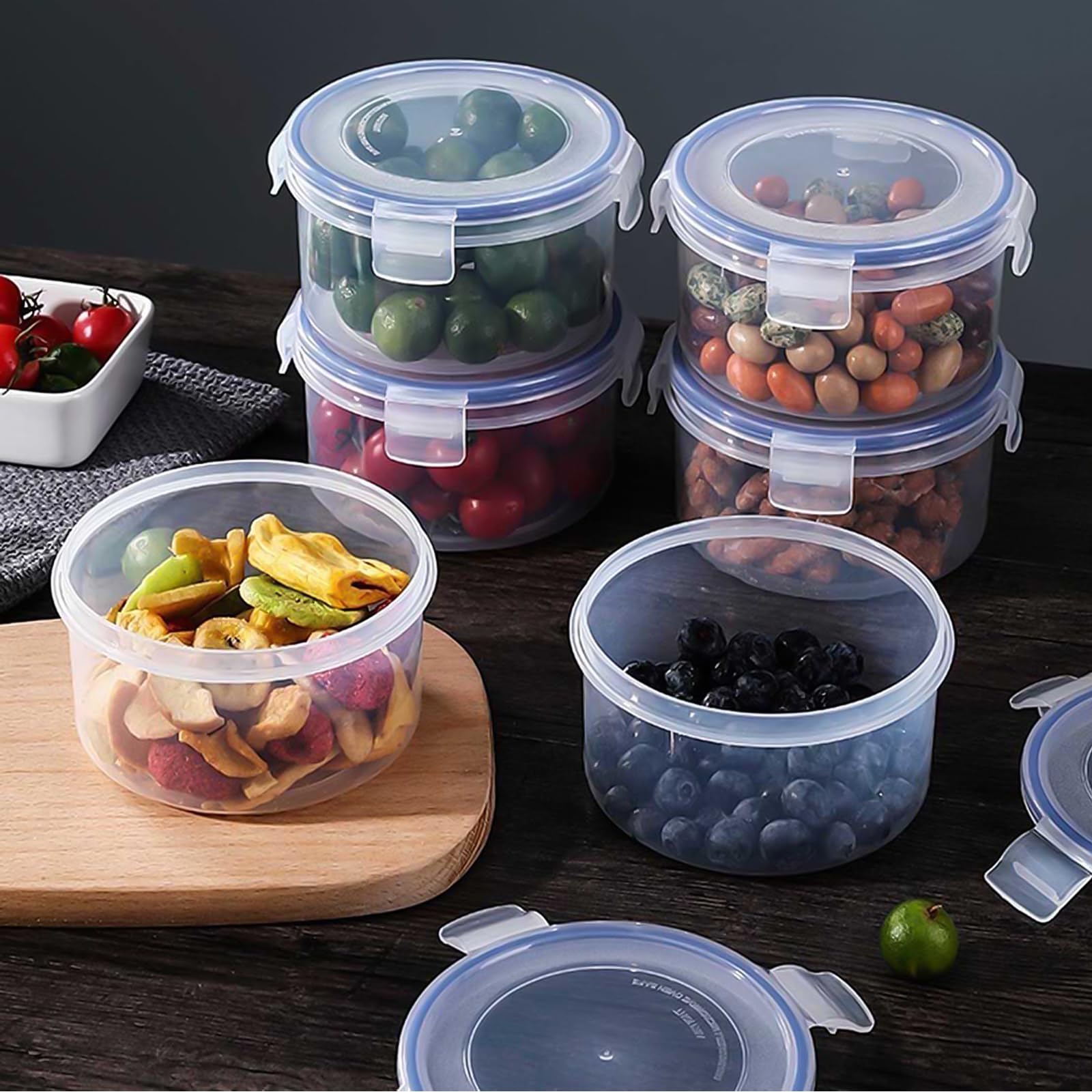 Luftdichte runde Frischhaltedosen, 6 Stück, 300 ml, Kunststoff, mit Deckel, für Snacks, Obst, Joghurt, auslaufsicher, stapelbar, ideal für Kühlschrank und Reisen