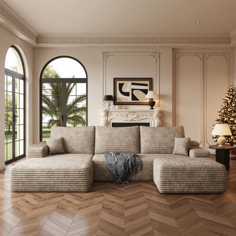 Boneless Couch, Modular Sectional Couches for Living Room, U-Shaped Cloud Couch Sofa with Deep Seat, Fluffy Corduroy Upholstered Corner Sofa