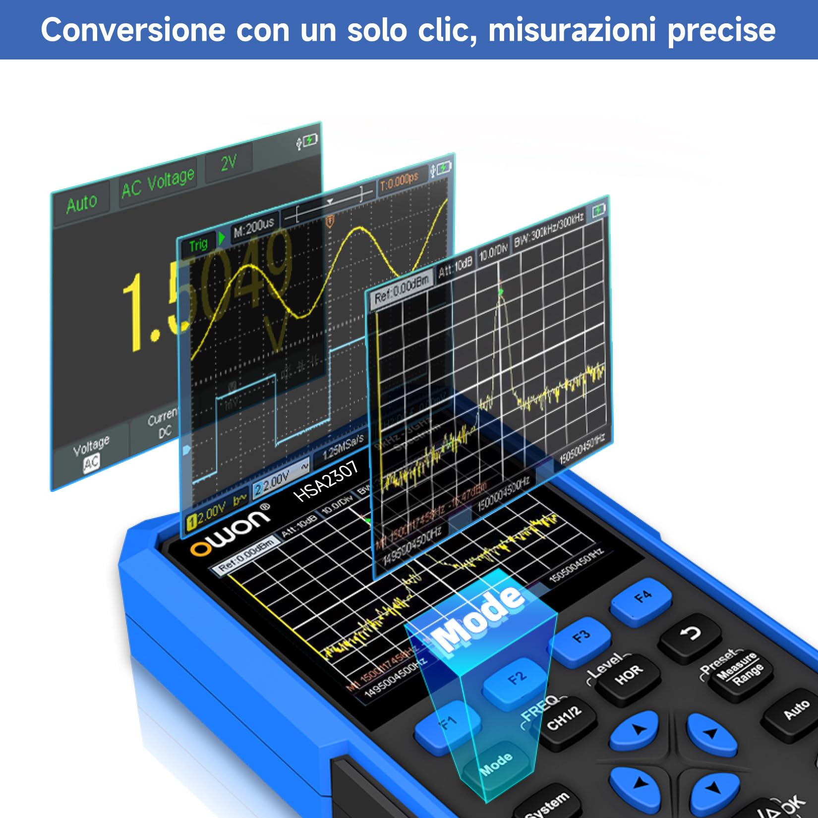 OWON HSA2307 Analizzatore di Spettro 3 in 1 da 9kHz a 3GHz, Oscilloscopio a 70MHz, Multimetro a 4 1/2 Cifre, Frequenza di Campionamento Massima di 250MSa/S, Analizzatore di Spettro Multifunzione