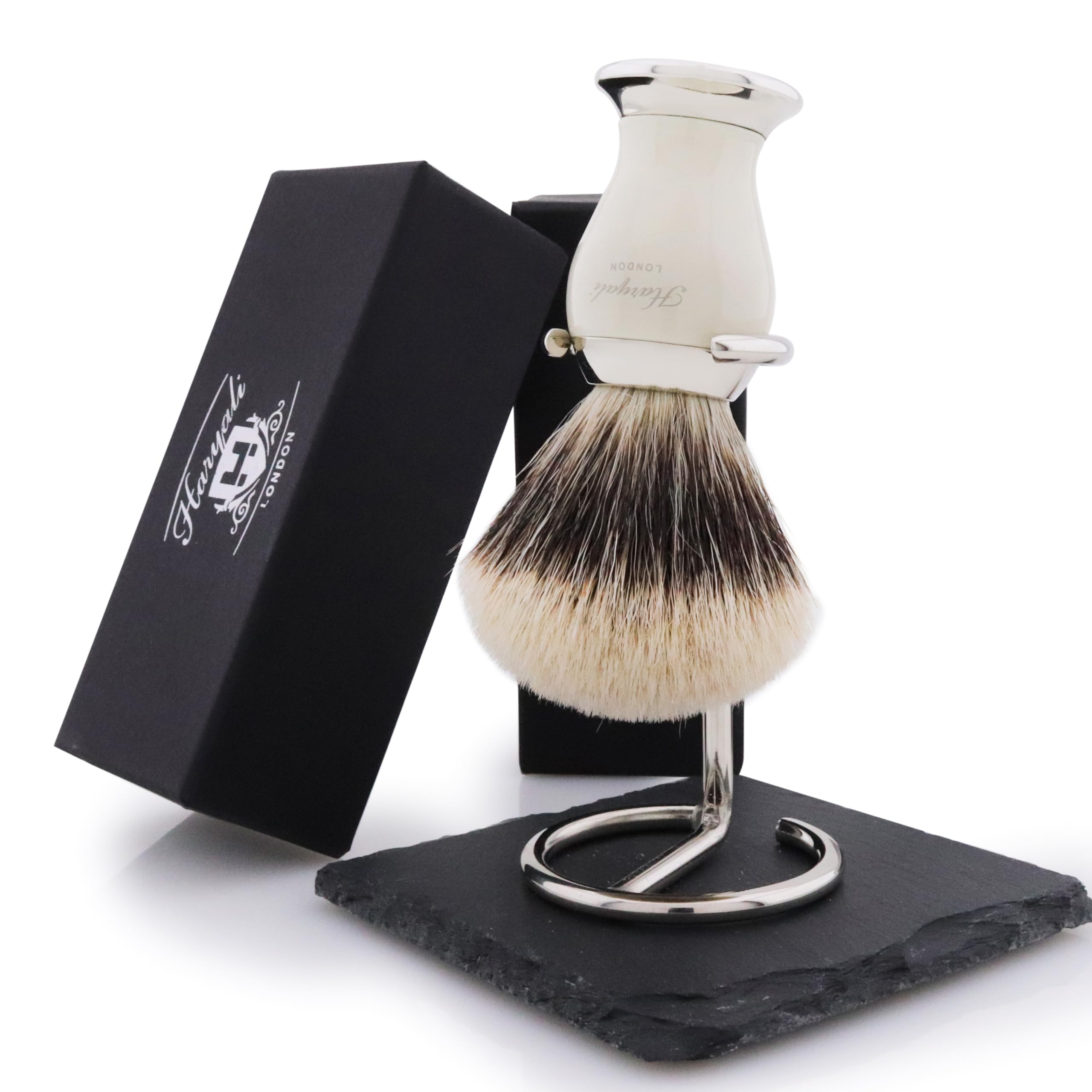 Haryali London Silvertip - Pennello da barba in setole di tasso sintetico, da uomo, con manico in resina preziosa color avorio, base rivestita in ottone, strumento per la pulizia dei peli del viso e