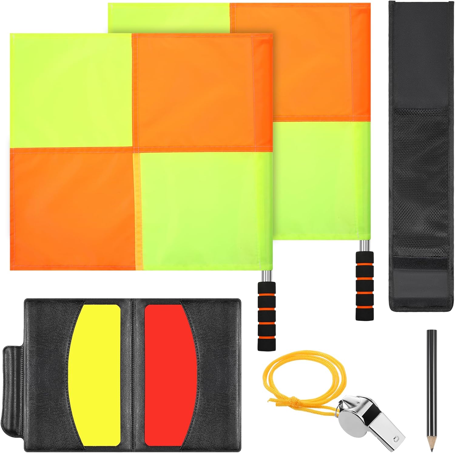 simarro Soccer Referee Flag (2 Pcs), Metal Pole Foam Handle Water Proof Checkered Linesman Flags Set with Storage Bag Red Yellow Cards, Referee Notebook with Pencil, Coach Whistle with Lanyard
