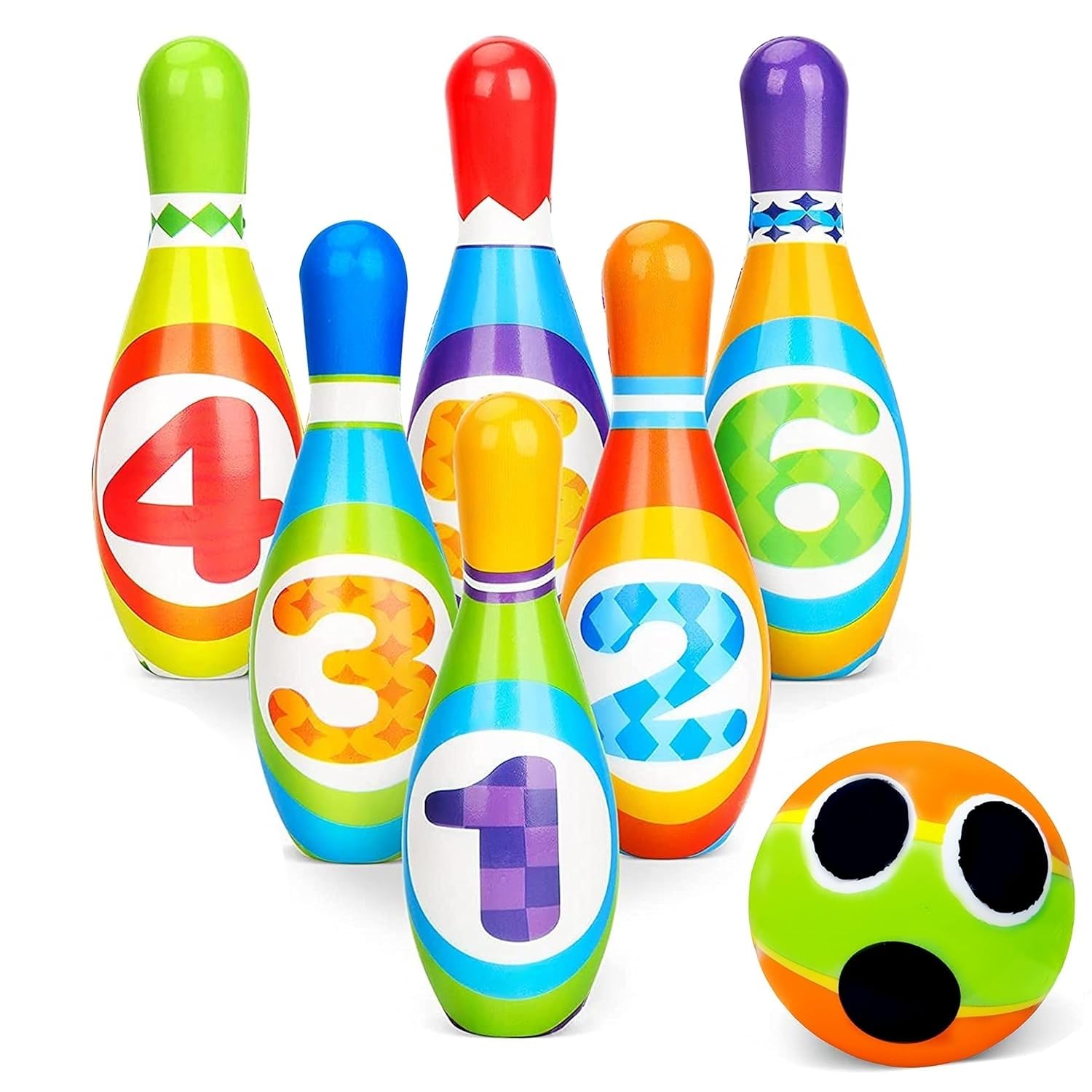 FunFive Kids Bowling Play Set - Cartoon Design EVA Bowling Toy Set with 6 Bottles and 1 Ball Game for Kids, Indoor & Outdoor Sports Games for Kids/Boys (Multicolor)-image-0