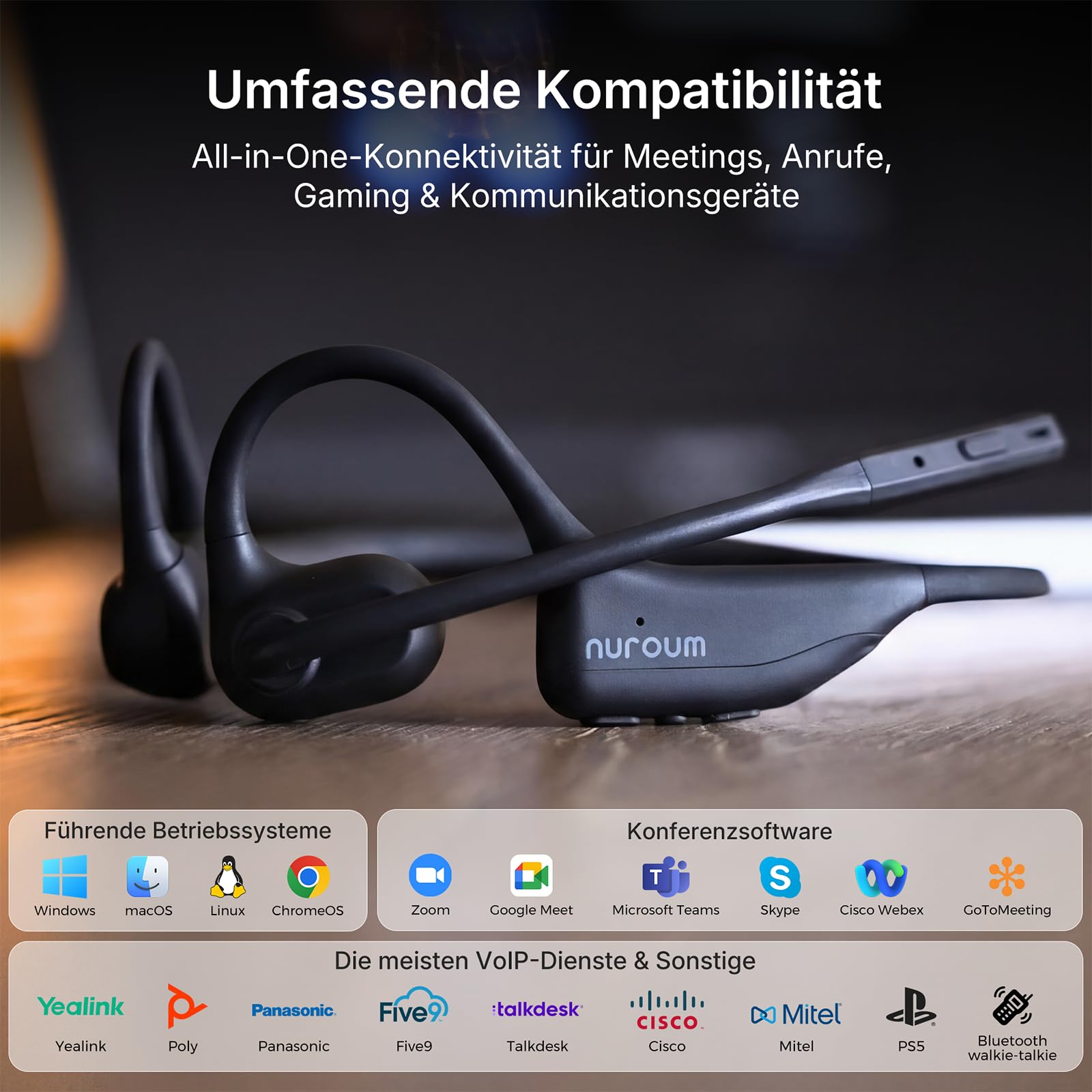 Nuroum OpenEar Pro 2 Kopfhörer Bluetooth 5.4 mit Mikrofon und Geräuschunterdrückung, Dual-Verbindung Wireless Headsets mit Dongle, Kabellose Headphones für Büro/Arbeit/Meeting, 12 Std Gesprächszeit