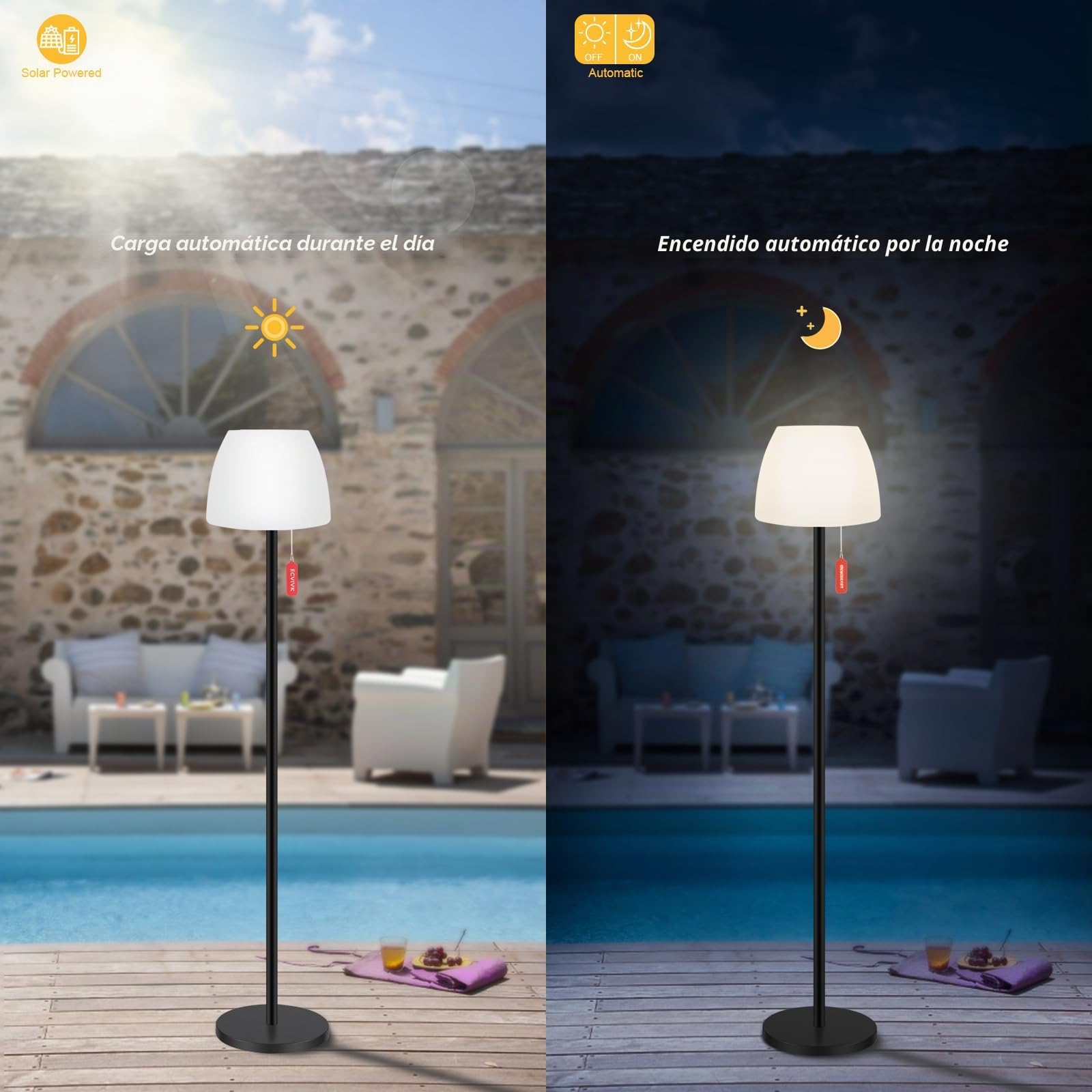 Lámpara de pie solar para exteriores con sensor de luz, regulable, blanco cálido y RGB, lámpara de pie inalámbrica, recargable, lámpara de pie LED solar, resistente al agua