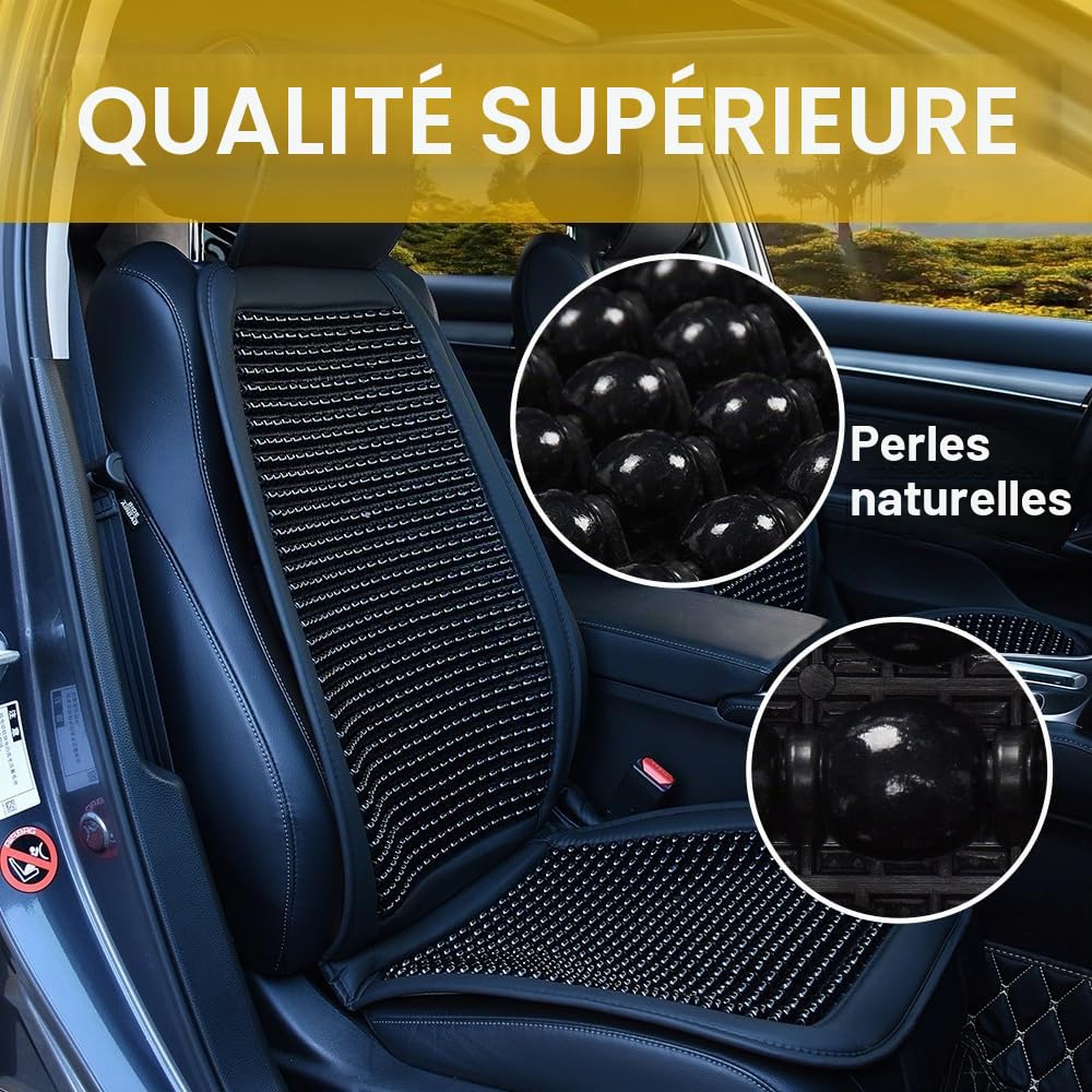 Blueshyhall Housse de Siège Auto avec Massage, 1 Pièce Couvre Sièges Cool Respirantes, Coussin de Siège en Perles Bois Avant de Voiture, Coussin de Massage Universel pour Voiture, Bureau (Noir)