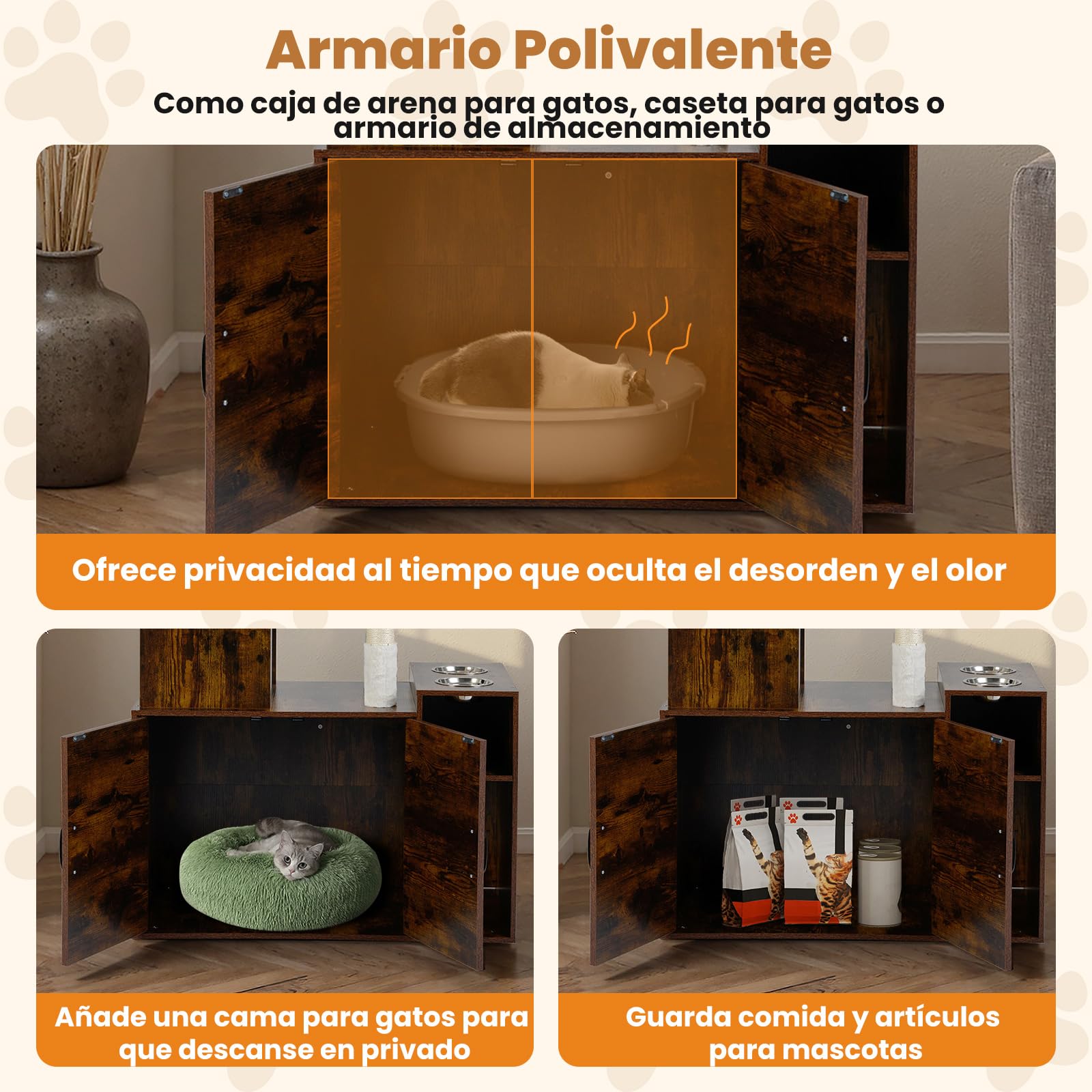GYMAX Armario de Caja de Arena para Gatos, Árbol para Gatos con Cama, 2 Hamacas, Percha, Comederos y Compartimentos Abiertos, Mueble para Gatitos de Interior con Rascador y Alfombras de Sisal