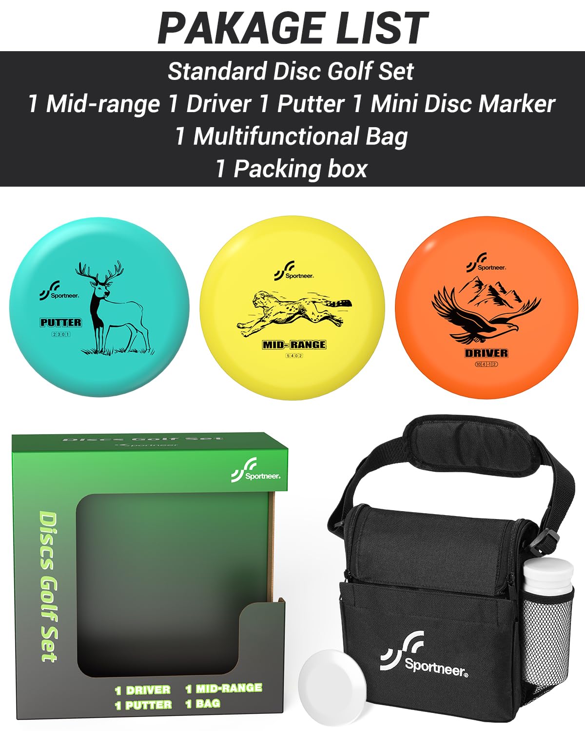 Sportneer Juego de discos de golf 3 piezas con putter, rango medio, driver, mini marcador y bolsa portátil