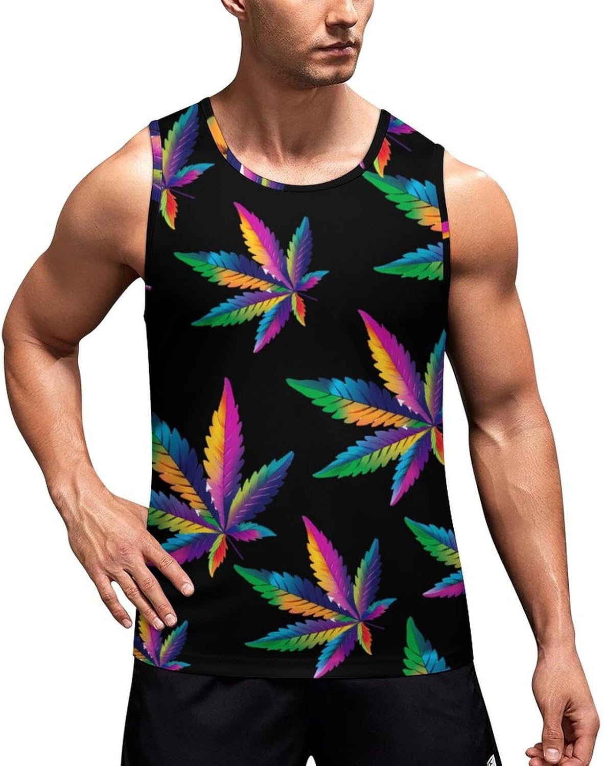 Rainbow Weed Leaf Men's Tank Top Sleeveless Muscle Shirts Vest Beach T Shirts for Workout Gym