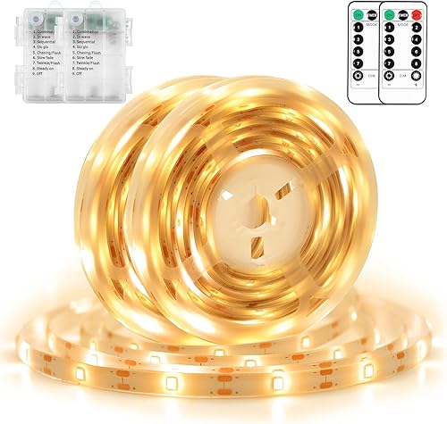 Tira de luces LED de color blanco cálido, funciona con pilas, 2 paquetes de 6.56 pies, 60 luces LED con control remoto, temporizador, regulable,