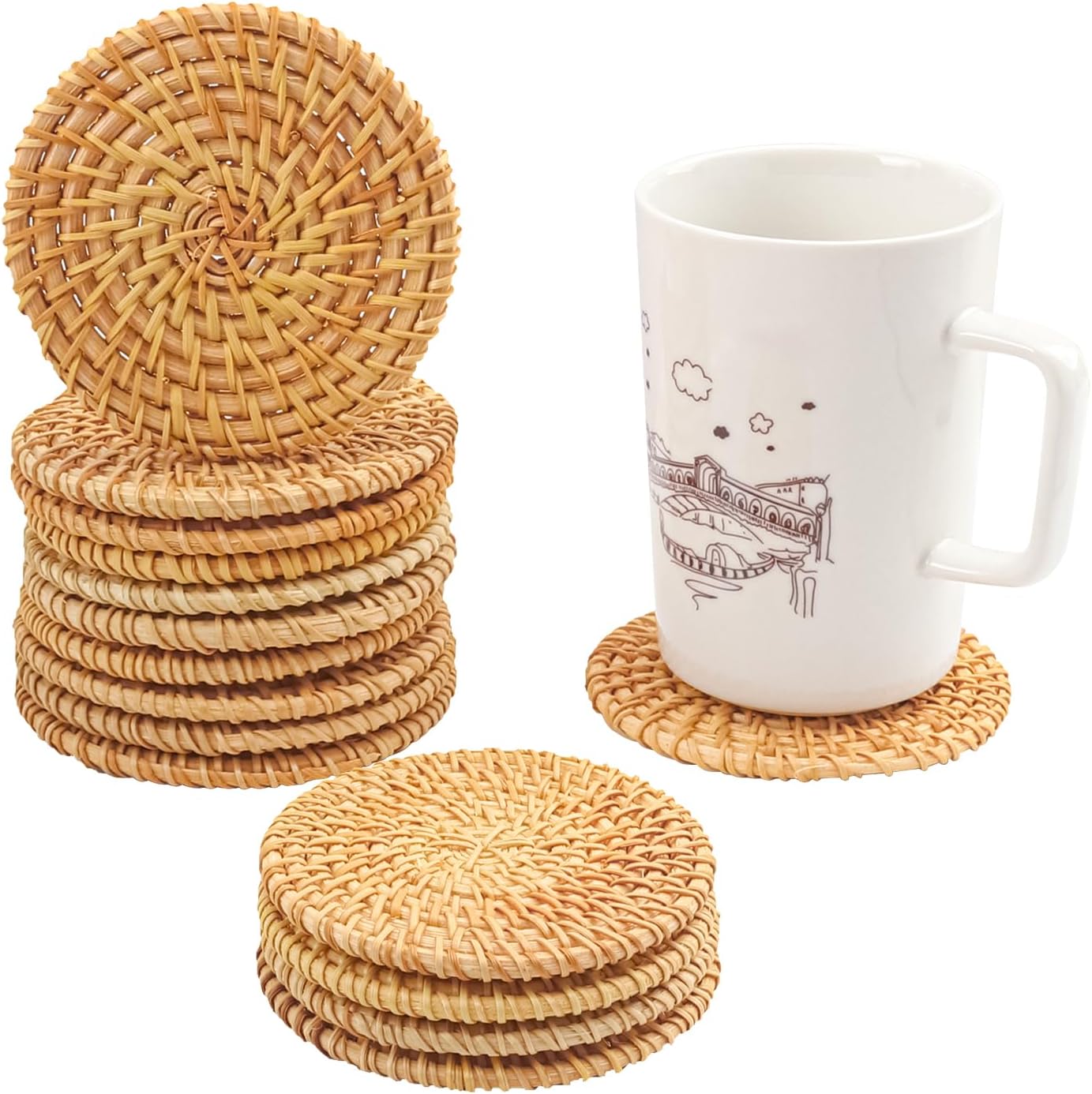 15 PCS 4 Inch Round Rattan Coasters, Handmade Braided Drink Coasters, 4 inch Rattan Woven Coaster for Home & Party