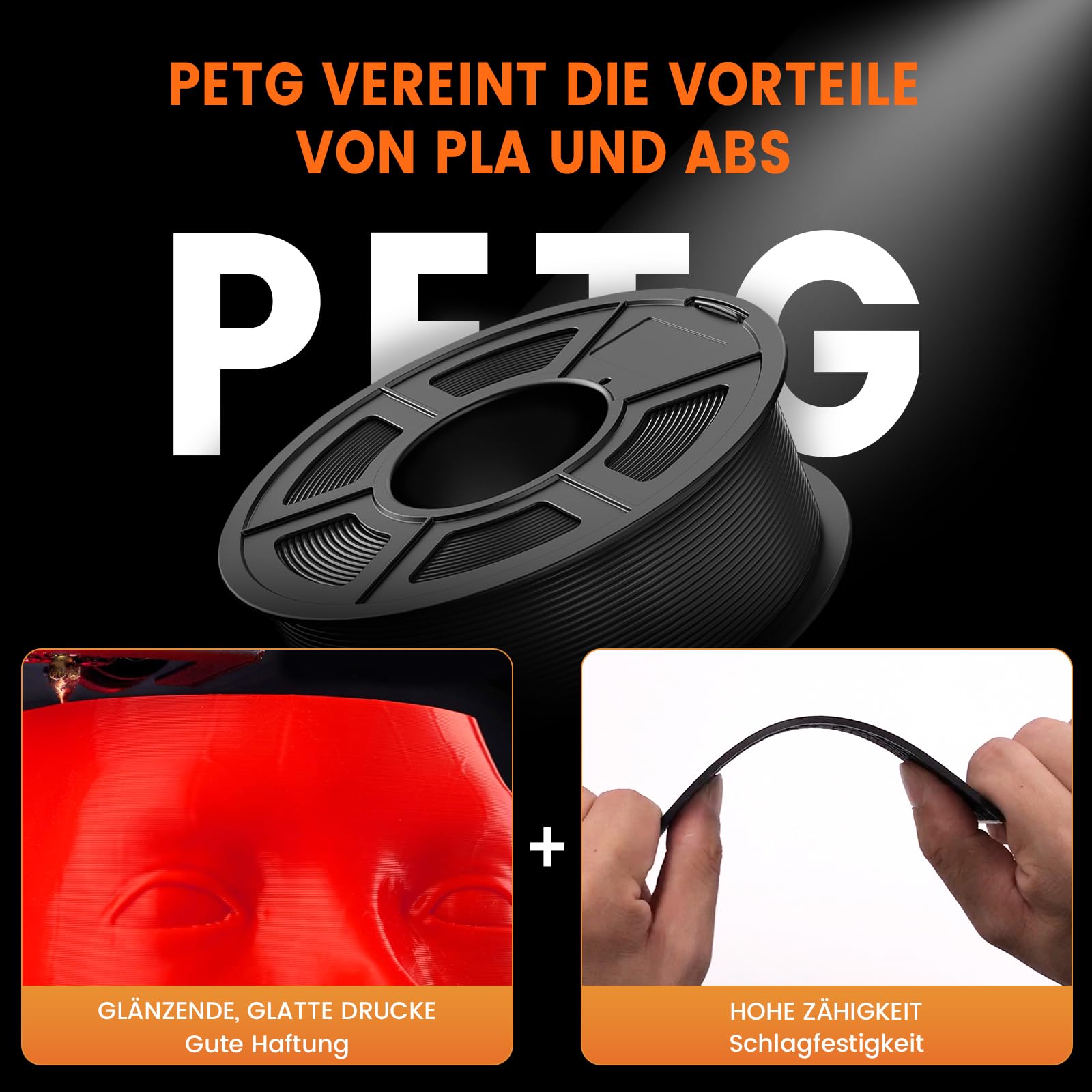 TECBEARS PETG Filament 1.75 mm Schwarz, Stärker Zähigkeit PETG 3D Drucker Filament, 1kg Spule, Maßgenauigkeit +/- 0,02 mm, Kompatibel mit FDM Drucker