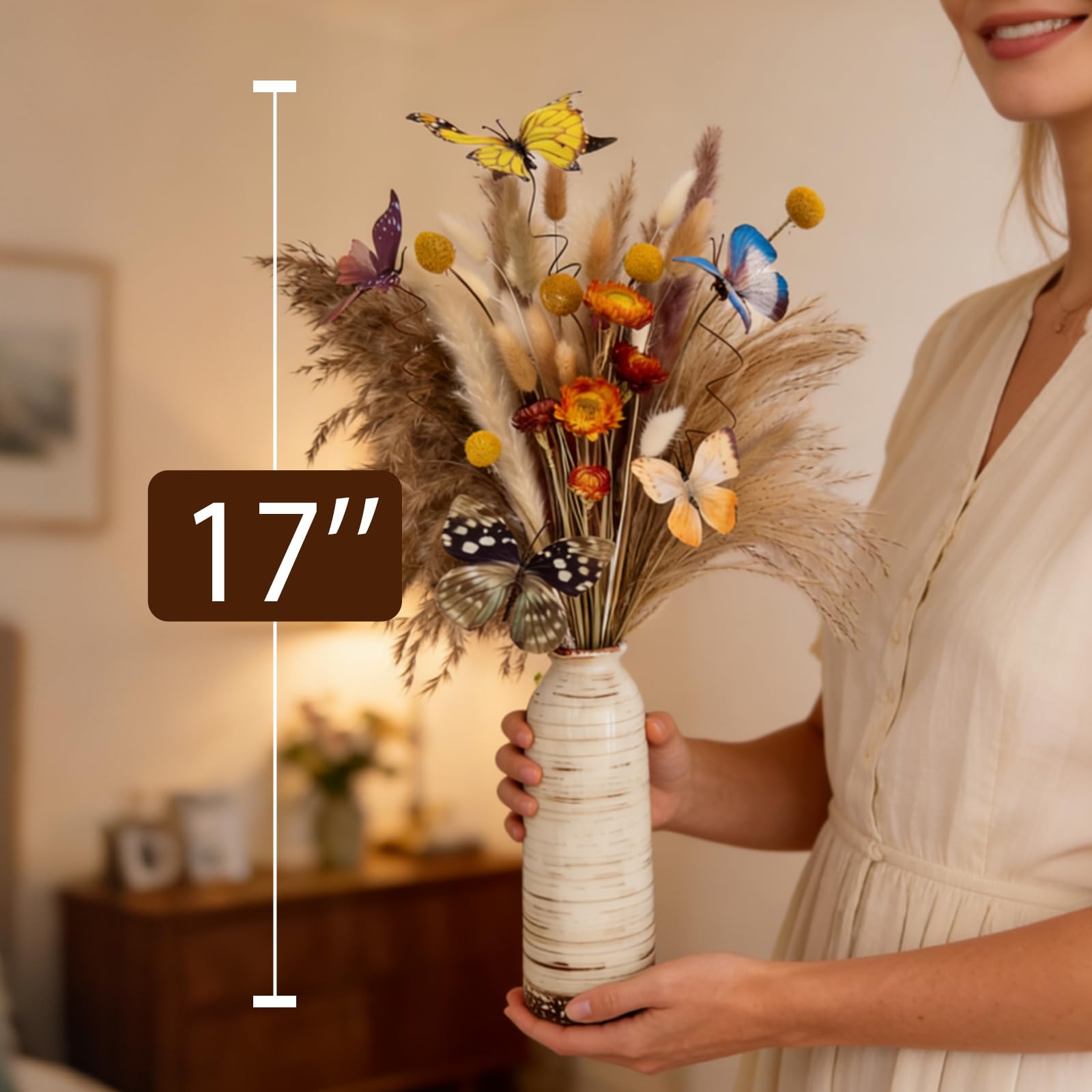 Trockenblumenstrauß: Pampasgras Boho-Dekor, westliches Blumenarrangement enthält Hasenschwanz, Schilfgras und Schmetterlinge für Zuhause, Vase, stimmungsvolles Büro, Hochzeit, Schlafzimmer