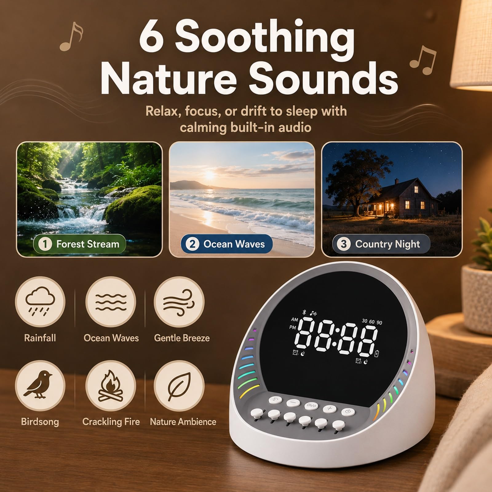 Máquina De Sonido Inteligente De Ruido Blanco Con Altavoz Inalámbrico Bluetooth, Luz Nocturna Ambiental De Colores Dinámicos Y Reloj Despertador Digital; Sonidos Relajantes De La Naturaleza(Negro)