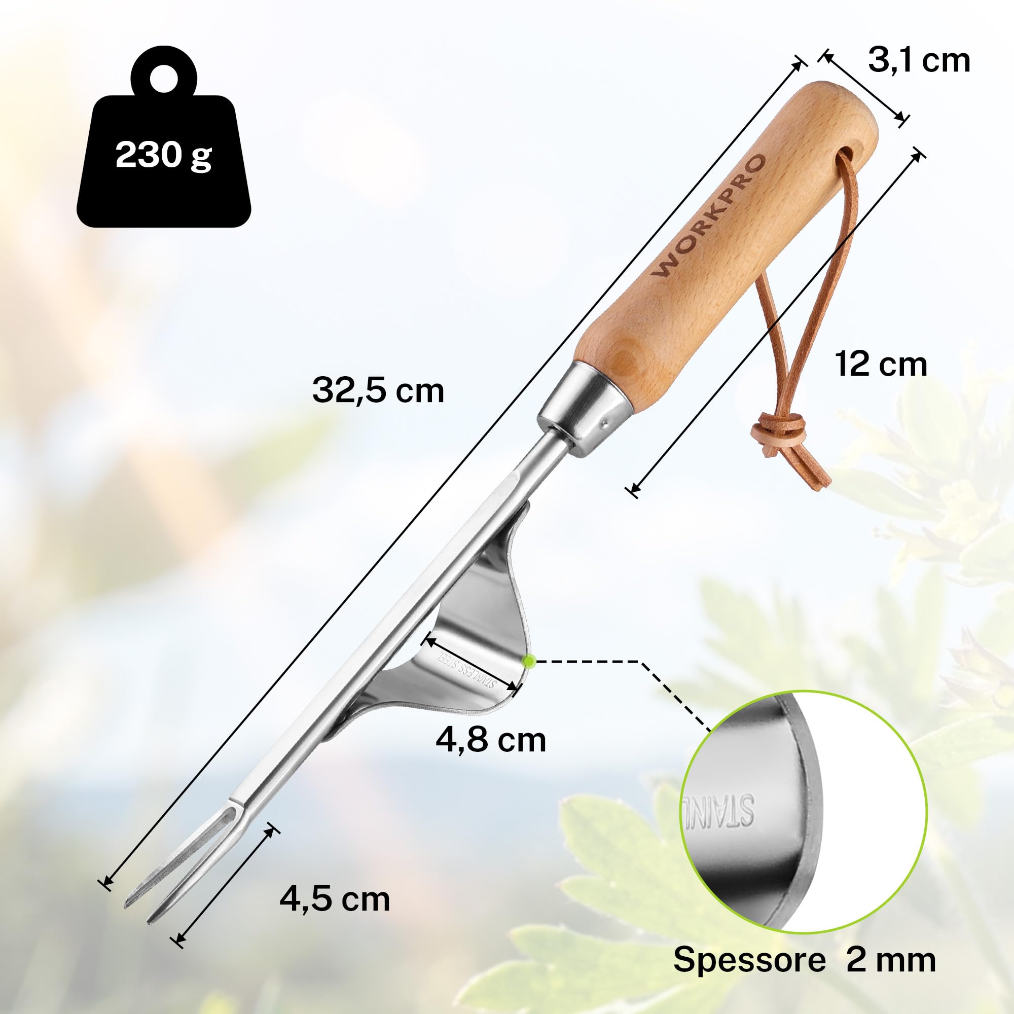 WORKPRO Estirpatore Erbacce Manuale in Acciaio Inossidabile e Legno di Faggio con Punta Vaffilata e Azione di Leva, Strumento Efficiente per Estirpare Erbacce, Utile Attrezzo da Giardino