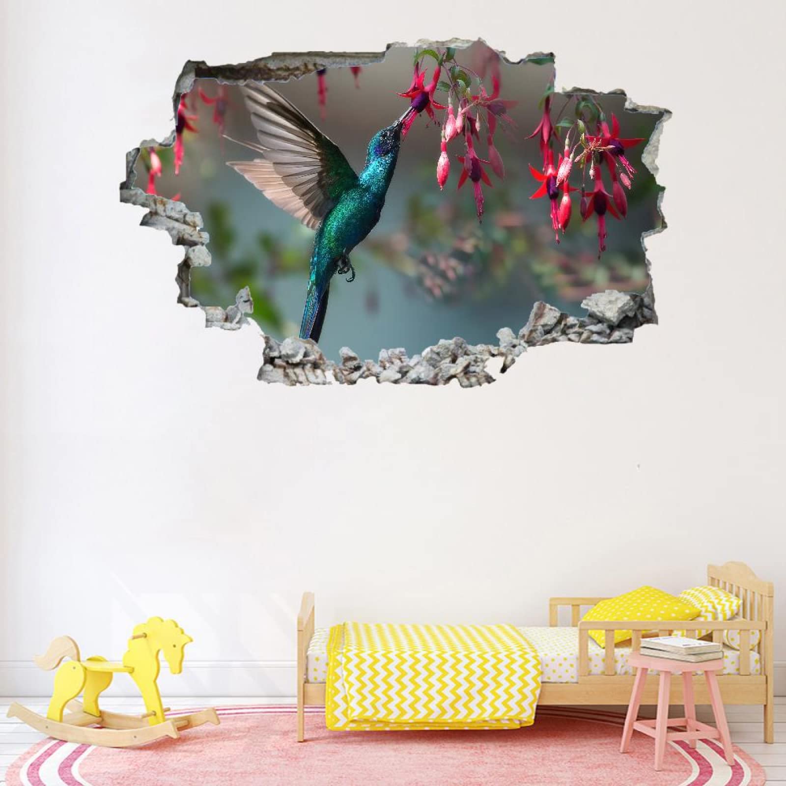 Vogel 3D Wandtattoo Wanddurchbruch, Blume Durchbruch Wandaufkleber für Kinderzimmer, sticker für Wohnzimmer, B 120 x H 80 cm Selbstklebend Vinyl Wandsticker, Wandbild Junge Mädchen Schlafzimmer
