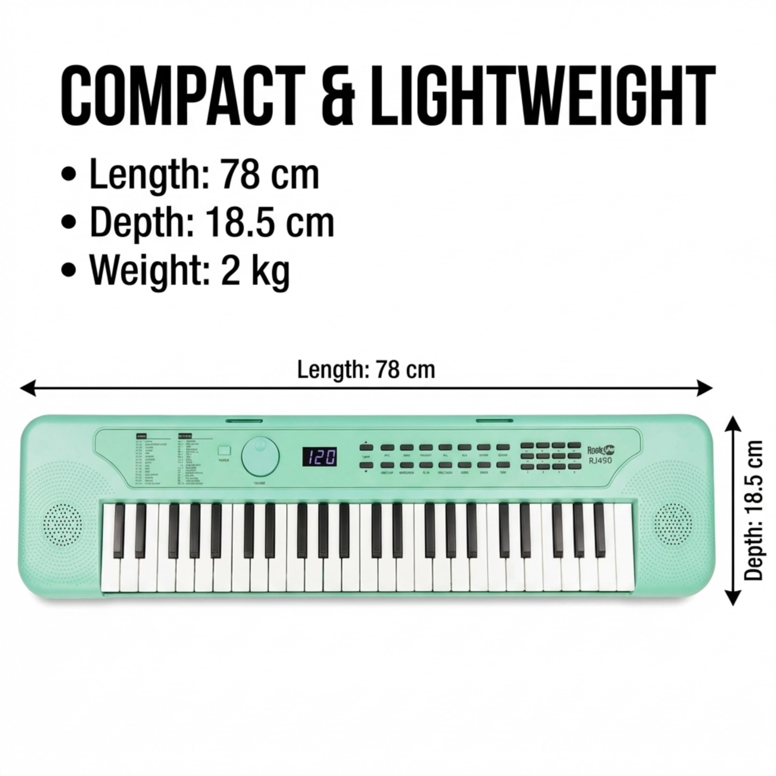 RockJam RJ490MG Mini Teclado Piano de 49 Teclas, Sintetizador Electrónico Portátil Verde menta con USB-C, Altavoces, Jack de Auriculares, 200 Tonos y Ritmos