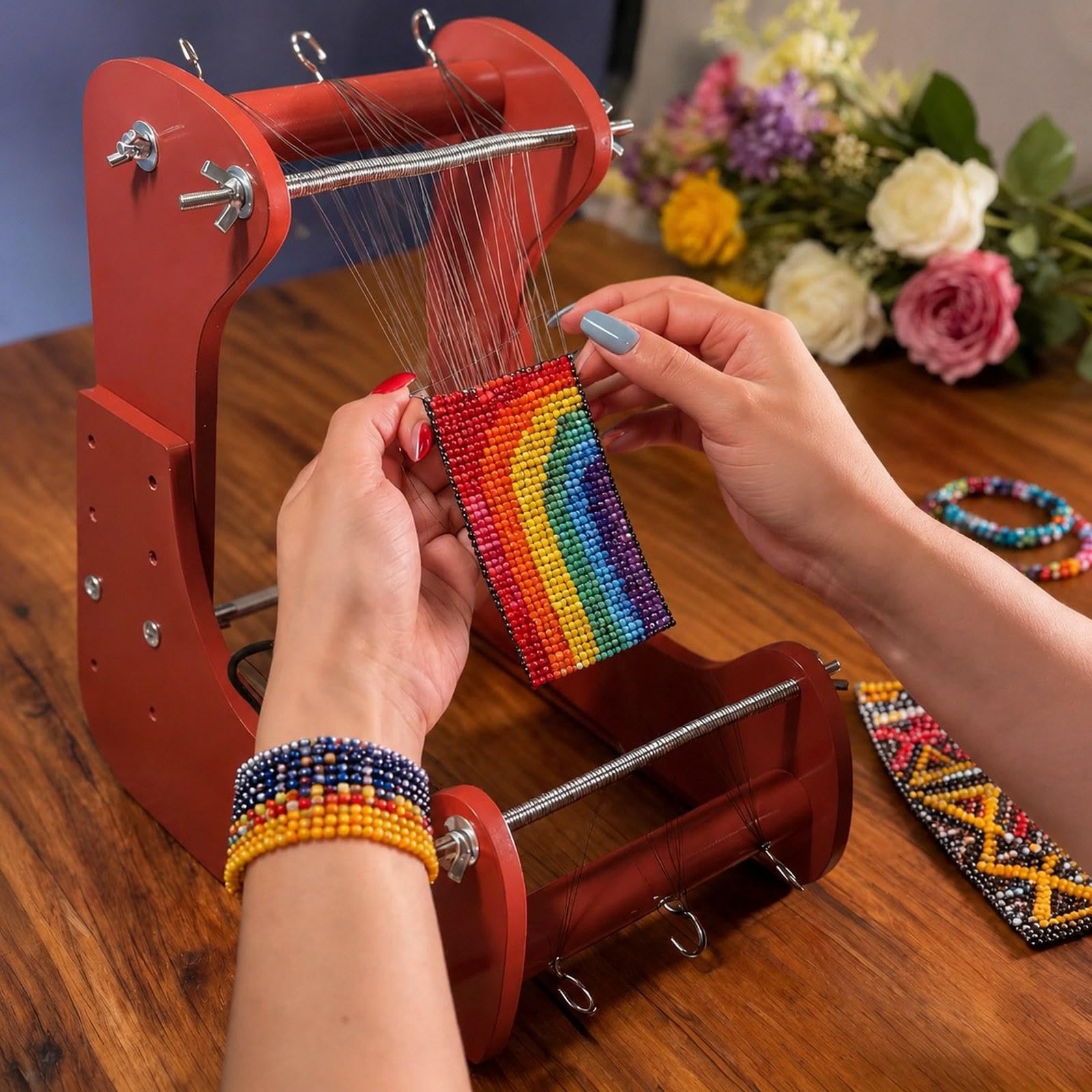 Ergonomischer Und Verstellbarer Perlenwebrahmen Aus Holz, Webrahmen, Armbandherstellungswerkzeug, Tischperlenwerkzeug, Geeignet für, Rot