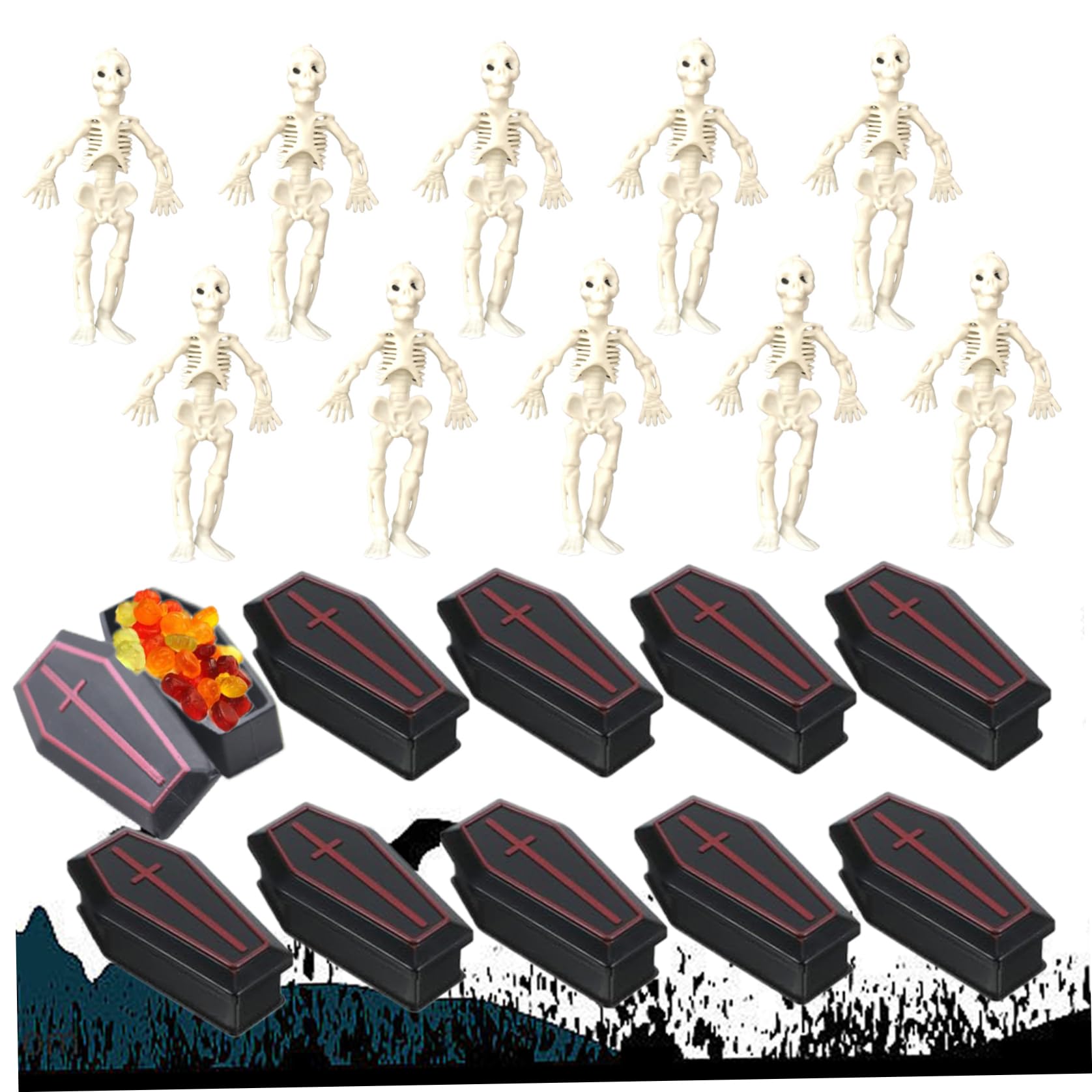Hbbgdiy 10Pcs Coffin Box Mini with 10 Skeleton Figurines 3 Inch Halloween Mini Coffin Box and Skeletons for Pranks Haunted House Party Props Spooky Halloween Decor