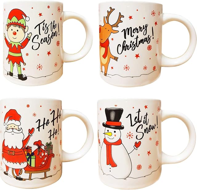 Christmas Mugs Set of 4 Festive Party Xmas Mugs Home Kitchen Tea Coffee Cups Christmas Tableware Xmas Decorations Mug Set Office Tea Cups Ceramic Mugs Festive Mugs Winter