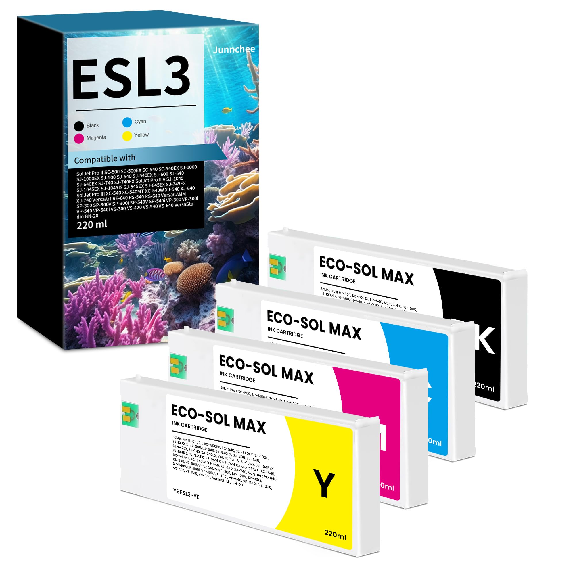 Junnchee ECO-SOL MAX Ink Cartridge 220ml, ESL3 Ink Replacement for Roland ECO-SOL MAX Ink ESL3-BK ESL3-CY ESL3-MG ESL3-YE Ink Cartridge (4-Pack, Black