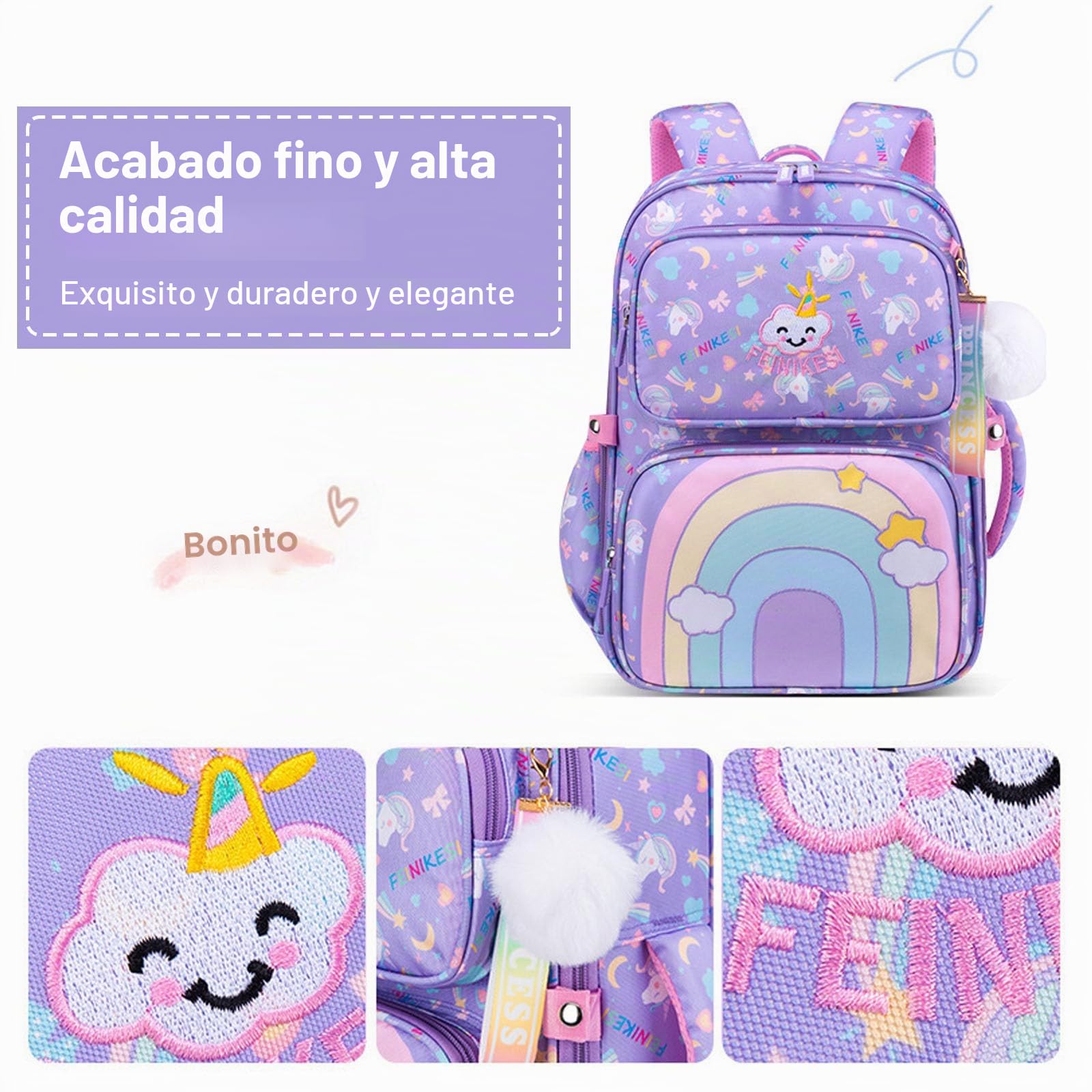 FANDARE Lindo Mochilas Infantiles Ultraligero Mochilas Escolares Mochilas Infantil Mochilas Tipo Casual Niñas Mochilas Escolares para Estudiante Primaria Mochila con Colgante de Felpa Púrpura