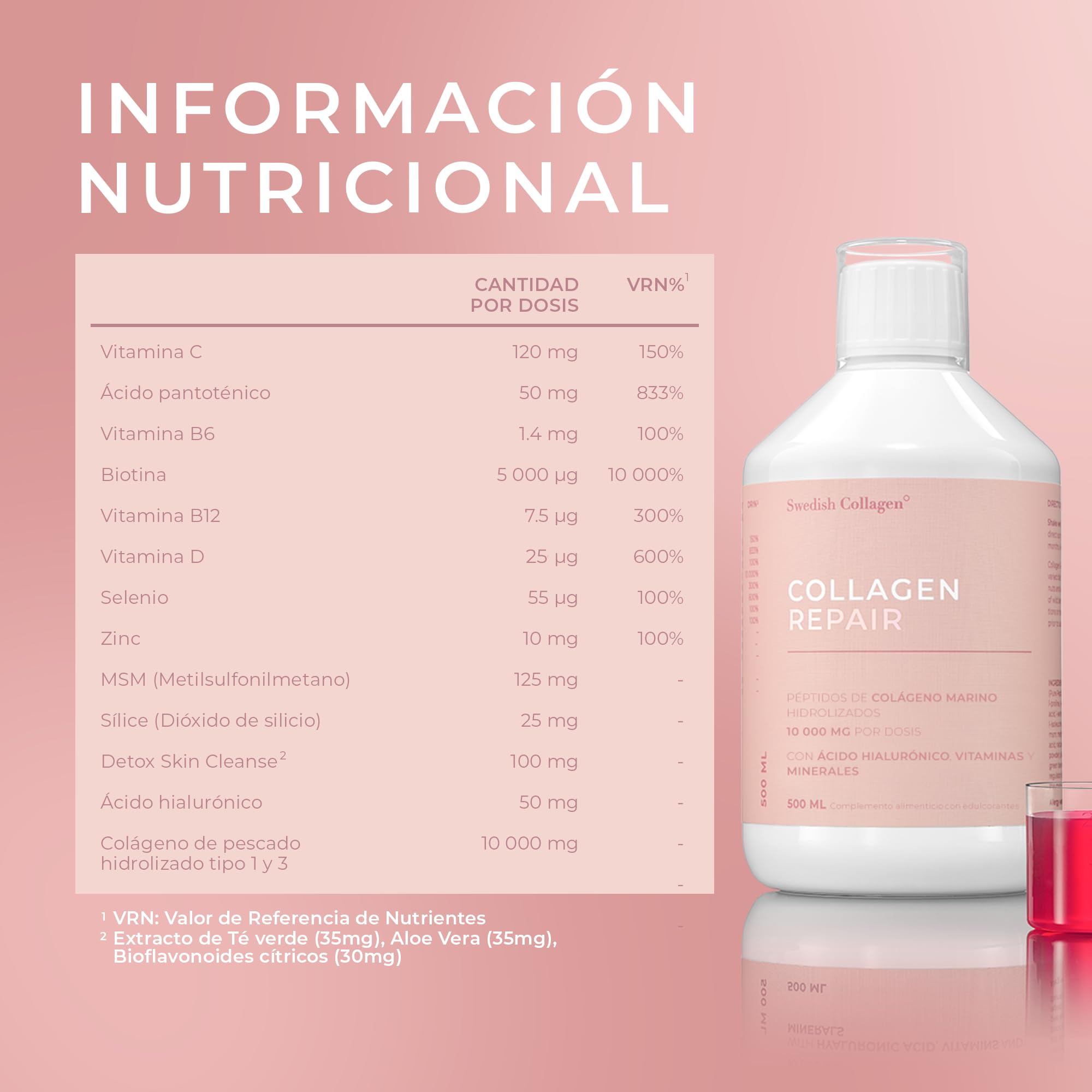 Swedish Collagen, Colágeno marino hidrolizado, líquido, 500 ml | 20 días | Tipo 1 y 3 | Péptidos puros y vitaminas para cabello, piel, uñas y articulaciones | Clínicamente probado | Sin azúcar