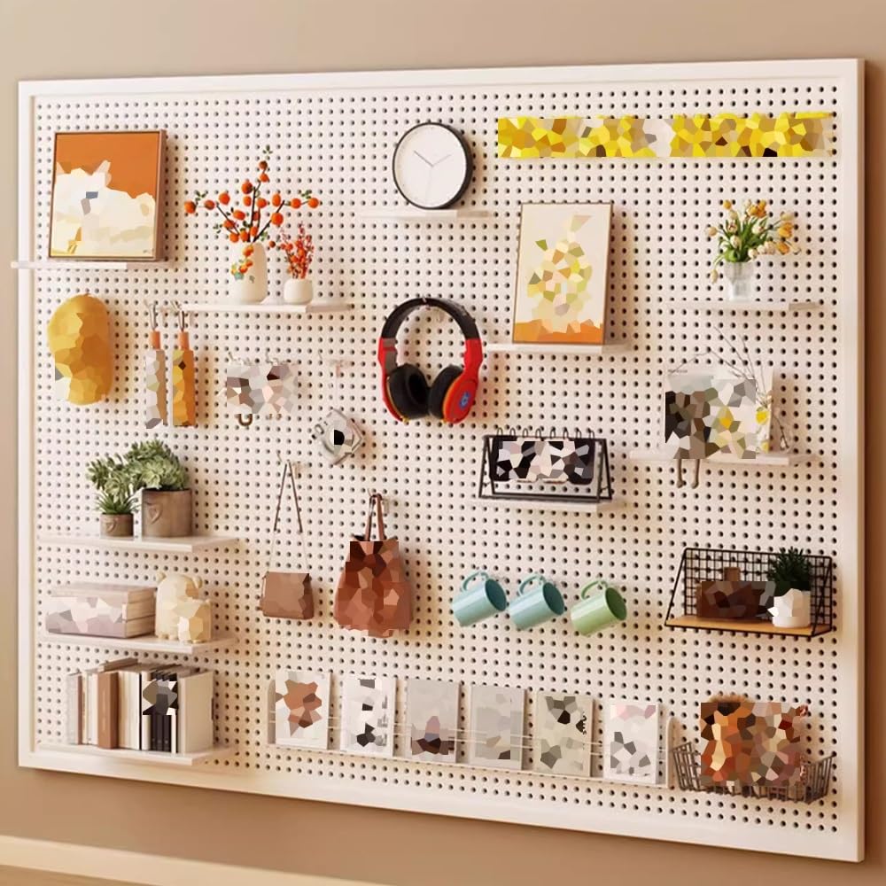 Kit organizador de tablero perforado para garaje y cocina, paneles de almacenamiento de metal con ganchos, sistema de tablero de clavijas de montaje en pared (blanco, 100 x 50 x 2,5 cm)
