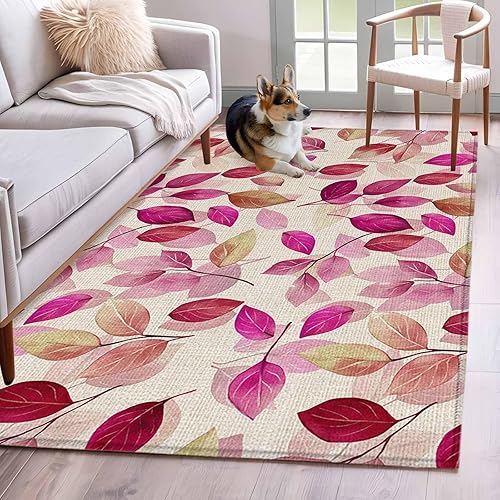 Miniatura 1 de 4x6 Area Rugs, Red Pink Leaves Non-Skid Rubber Backing Large Rectangle Rugs - Living Room Bedroom Home Office, Botanical Abstract Color Retro Plants