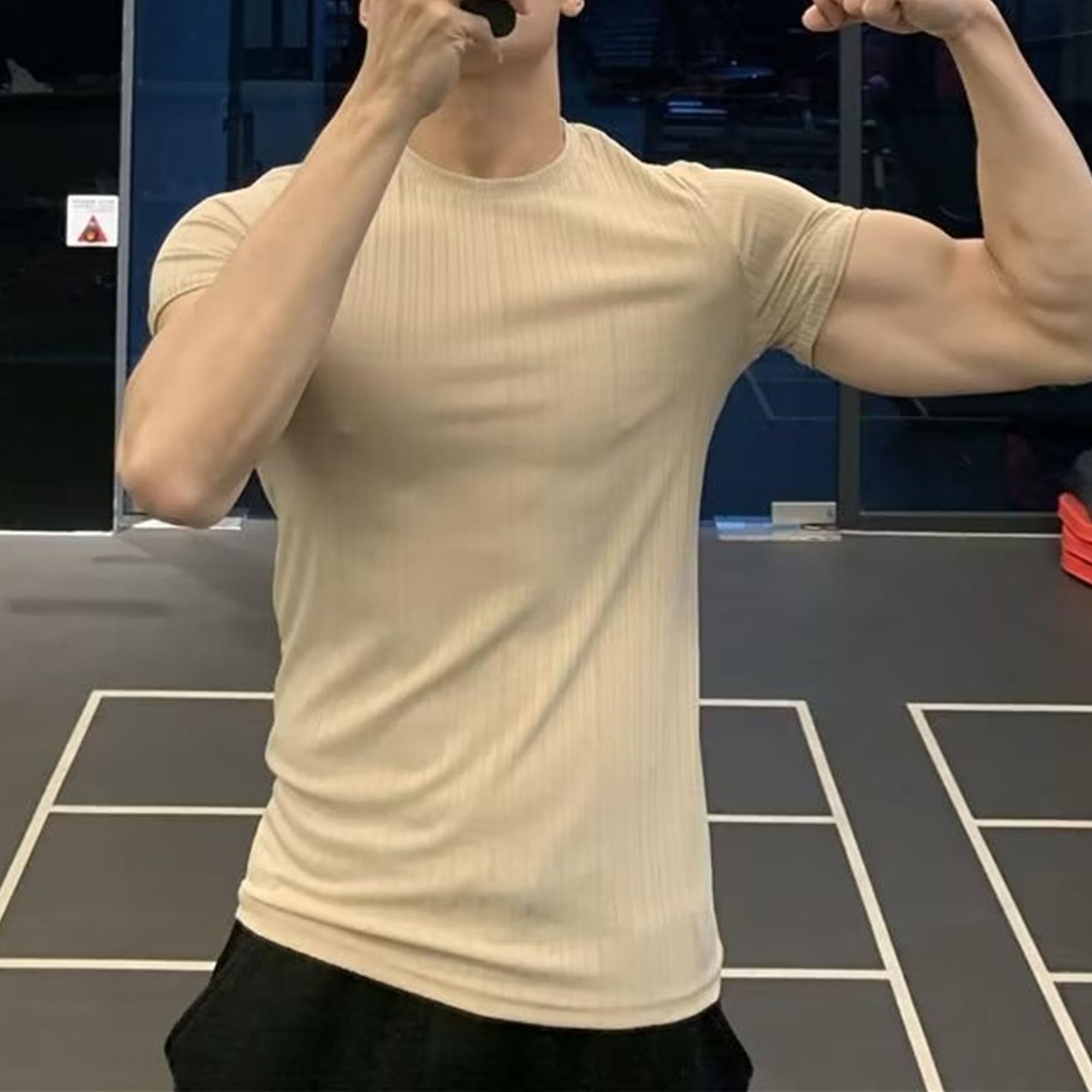 Men Thin Round Neck Short Sleeve T-Shirt Slim Striped Comfy Bottoming Shirt Summer Classic Cozy Exercise Pullover (Apricot,Medium)