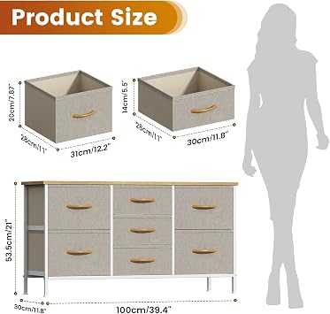 Feonase Chest of Drawers,Bedroom Dresser with 7 Fabric Drawers, Metal Frame & MDF Wood Top, Adjustable Feet, Storage Organizer Unit for Bedroom, Closet, Living Room, Office Hallway, Khaki