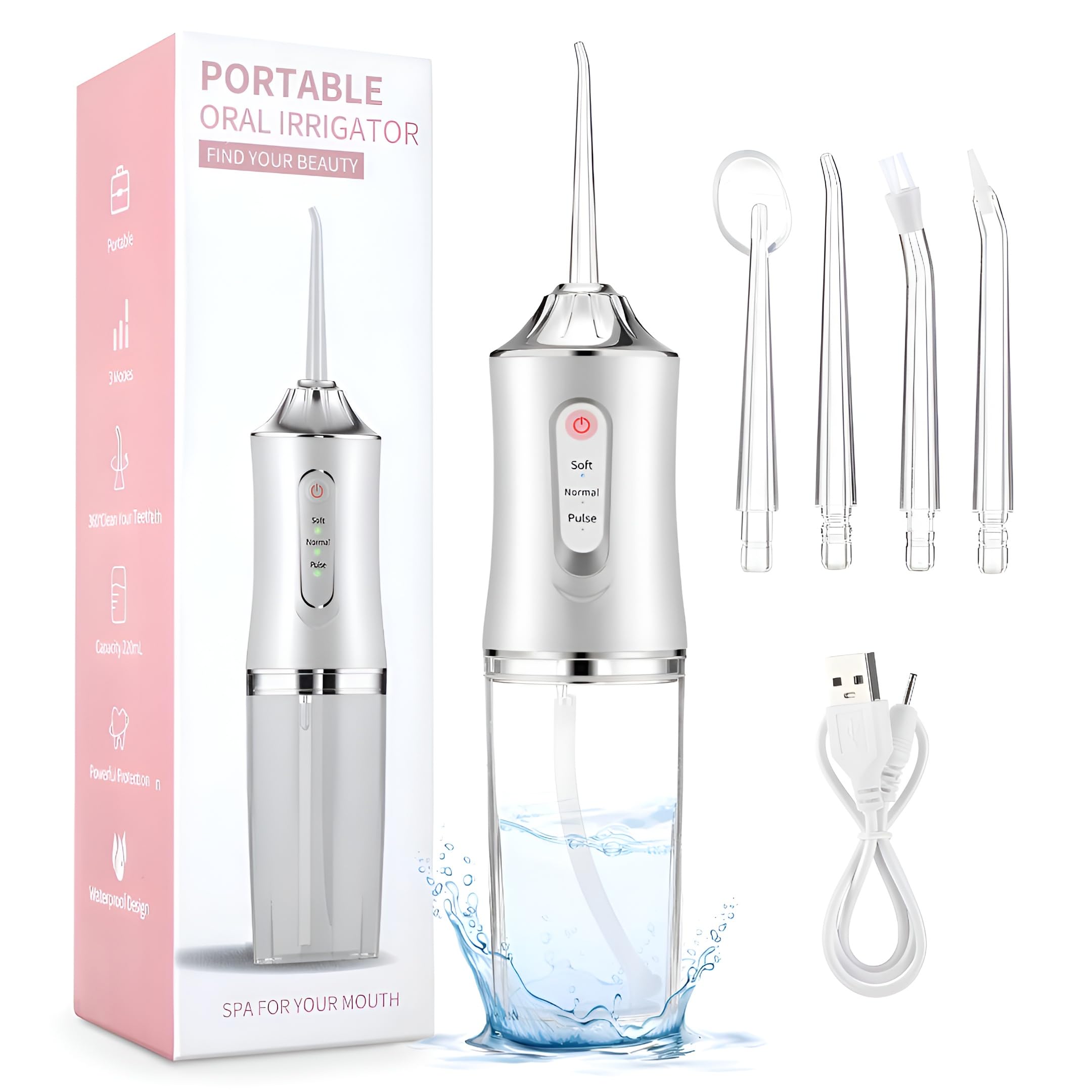 Dental Water Flosser Portable Oral Irrigator, Rechargeable Cordless Teeth Cleaner with 220ML Water Tank, 3 Pressure Modes, 4 Nozzles, IPX7 Waterproof for Braces, Plaque Removal & Gum Care-picture-39