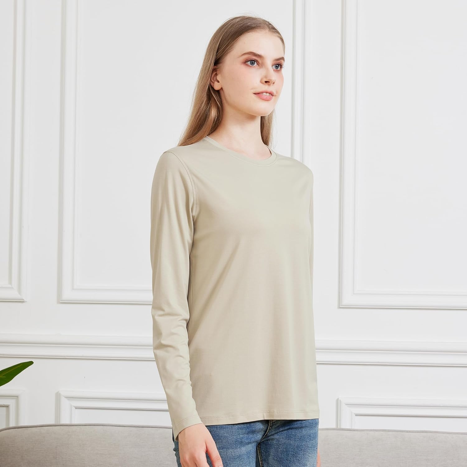 netdraw Women's Bamboo Viscose Cotton Long Sleeve T-Shirt, Crew Neck Buttery Soft Comfy Casual Lounge Sleep Pajama Tees - Image 2