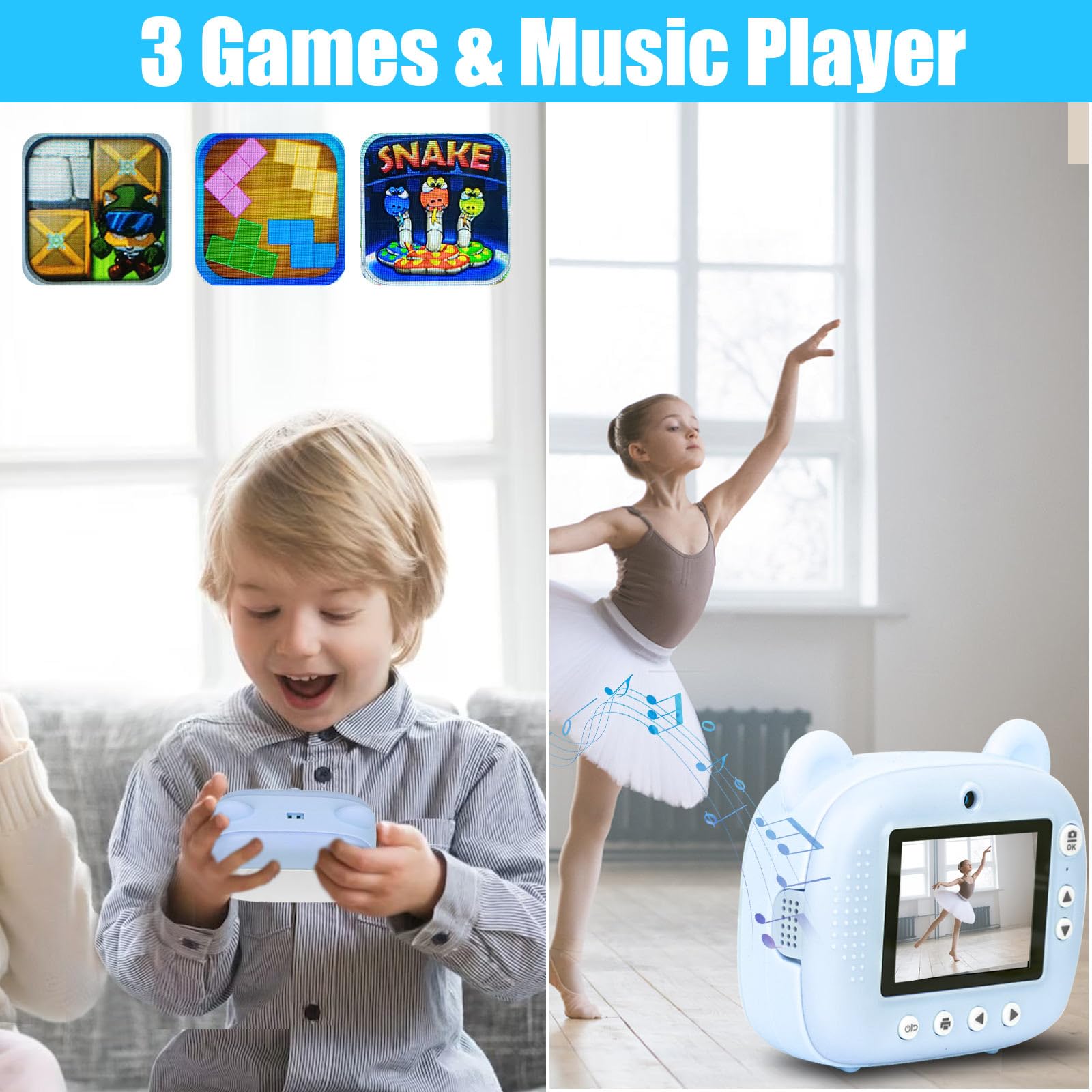 Camara Fotos Infantil instantanea, Cámara Instantánea para Niños con Tarjeta de 32G, 2.4" HD Camara Instanea Infantil con Papel de Impresión y Bolígrafos de Colores, Regalos Juguete