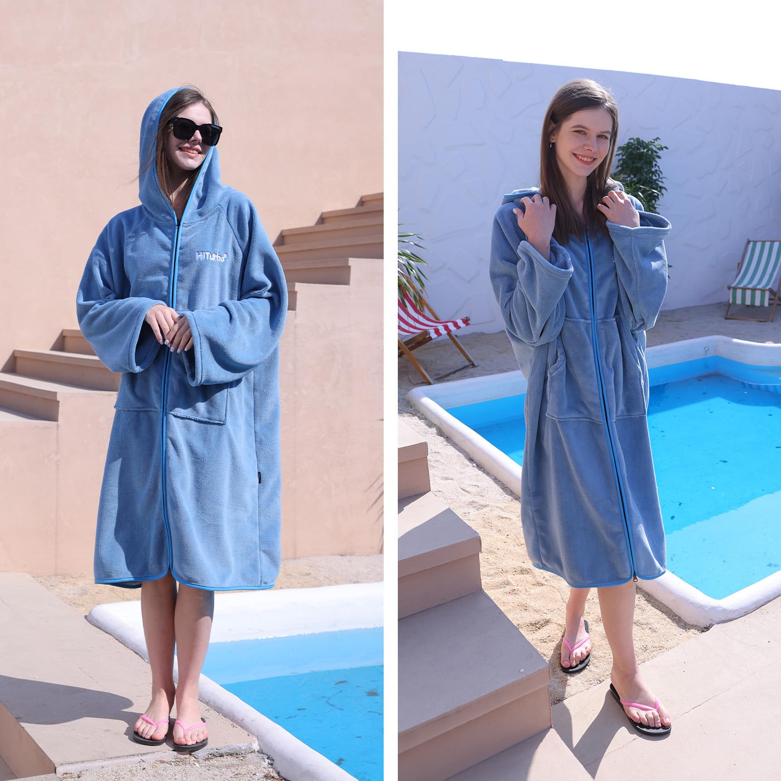 Hiturbo Poncho de surf à capuche avec fermeture éclair : combinaison de plongée surdimensionnée à capuche avec poche – Couverture de bain en polaire corail pour la plage, la piscine, le bain