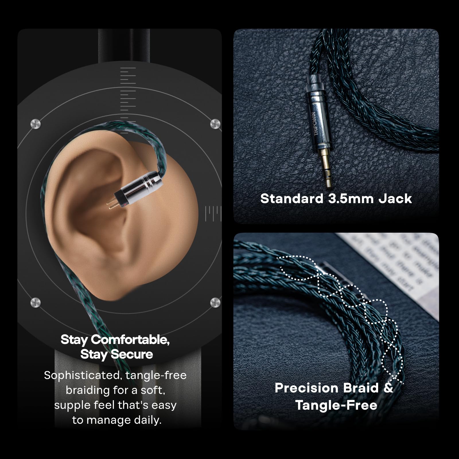 Tripowin Zonie - Cable IEM SPC de 3,5 mm, cable de auriculares de alta fidelidad chapado en plata de 16 núcleos, cables de auriculares para monitor de 1,25 metros para audiófilos