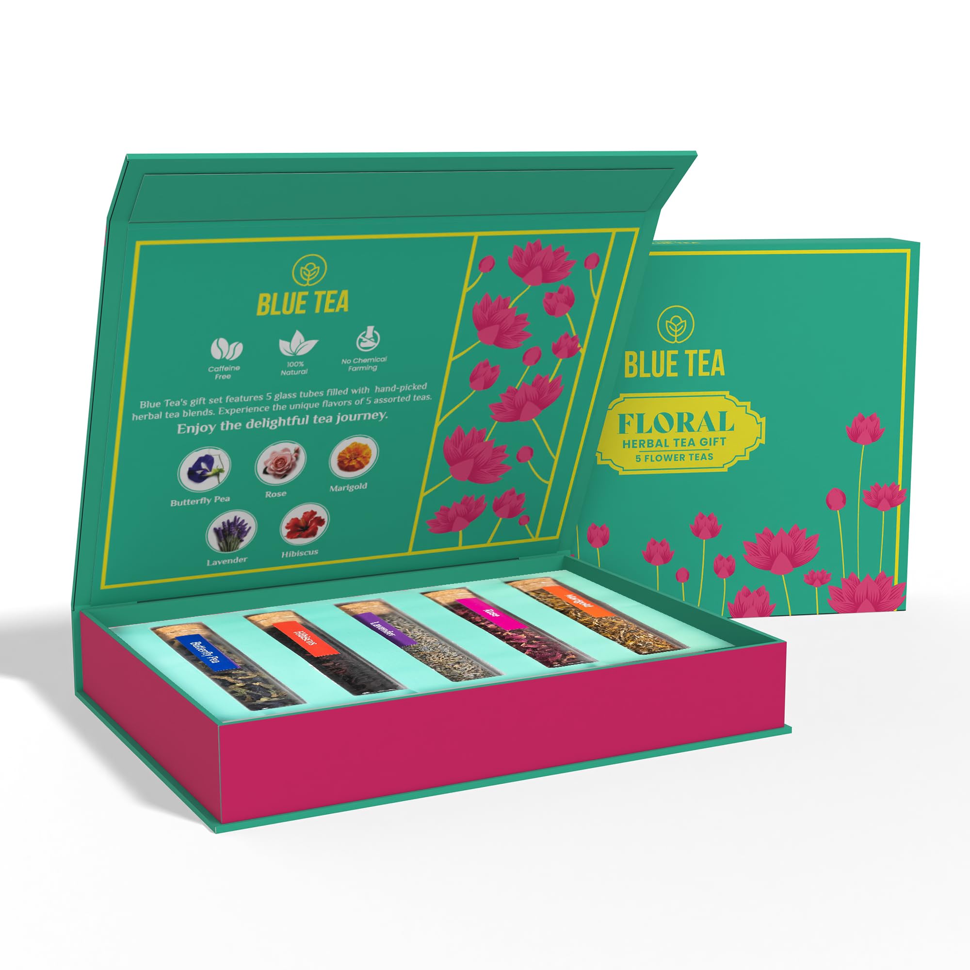 BLUE TEAFloral Herbal Tea Gift - 5 Flower Tea in Glass Tube | EXOTIC TEA GIFT SET | Flower Based - Loose | Butterfly Pea, Rose, Marigold, Lavender, Hibiscus | Caffeine Free | Variety Tea | Tea