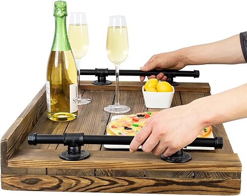 Miniatura 7 de MyGift Cubierta superior de estufa de madera quemada rústica oscura  Tabla de fideos Jumbo Bandeja decorativa para servir casa de campo con asas