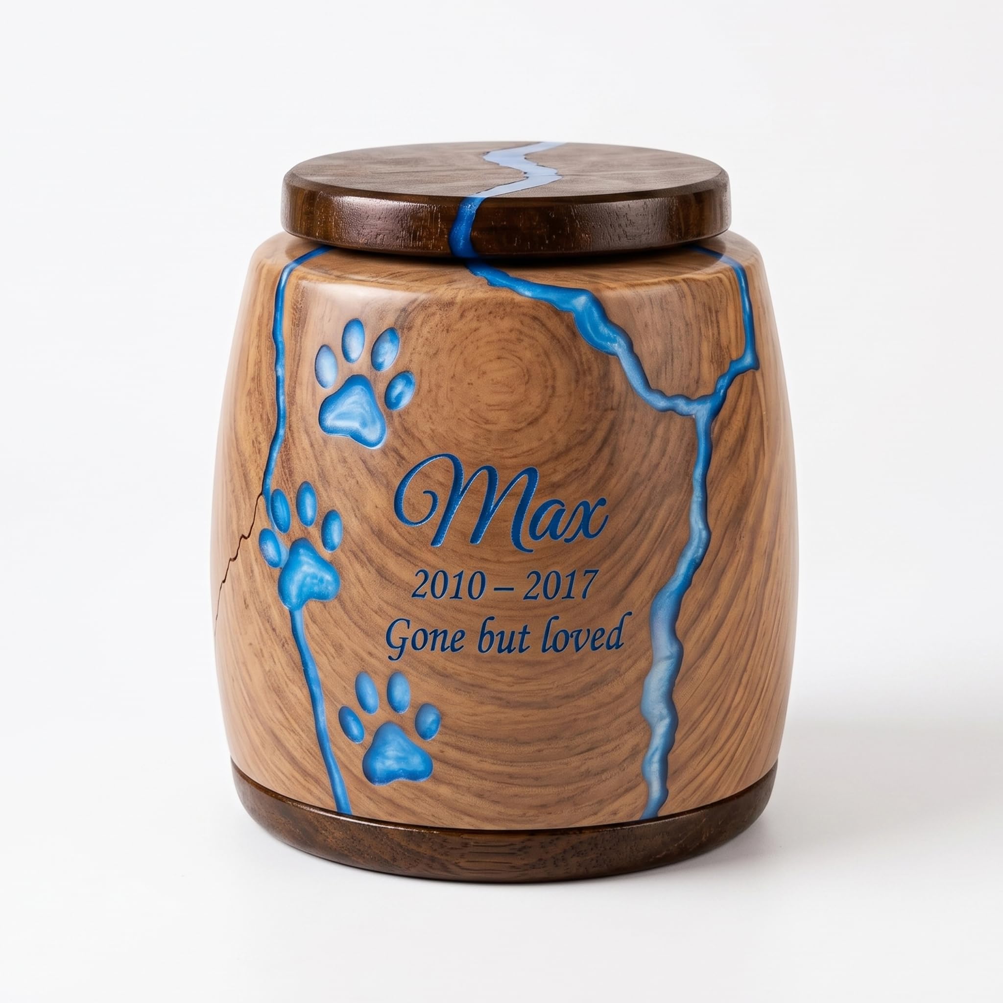 Personalized Pet Urn - Handcrafted Solid Wood Dog Urn, Memorial Keepsake Urn - Resin Inaly Engraved Urns for Ashes, Cremation Urns, Funeral Urn (Blue)