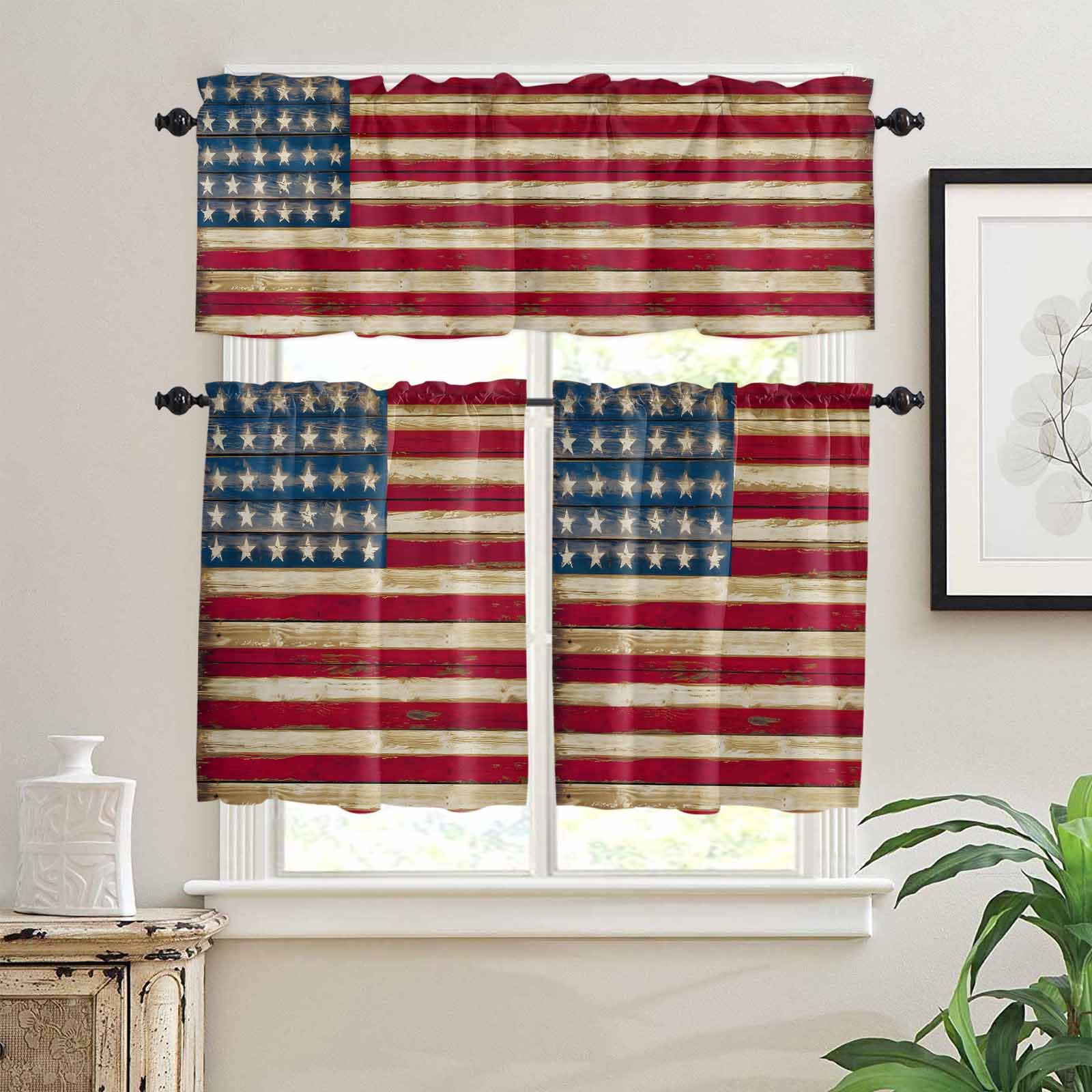American Flag Vintage Kitchen Curtains 36 Inch Length, 3 Piece Rod Pocket Small Half Tiers and Valance Set, Brown Red Stripes US Flag Small Large Window Treatment Decor for Bedroom/Bathroom Sink