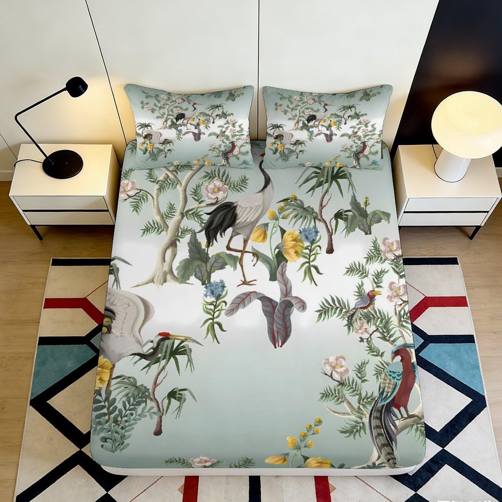 3D Printed Crane Floral Fitted Sheet Microfiber Soft Breathable Tropical Bird Mattress Cover for Bedroom Dormitory Guest Room Protection Decor 140x200x25cm