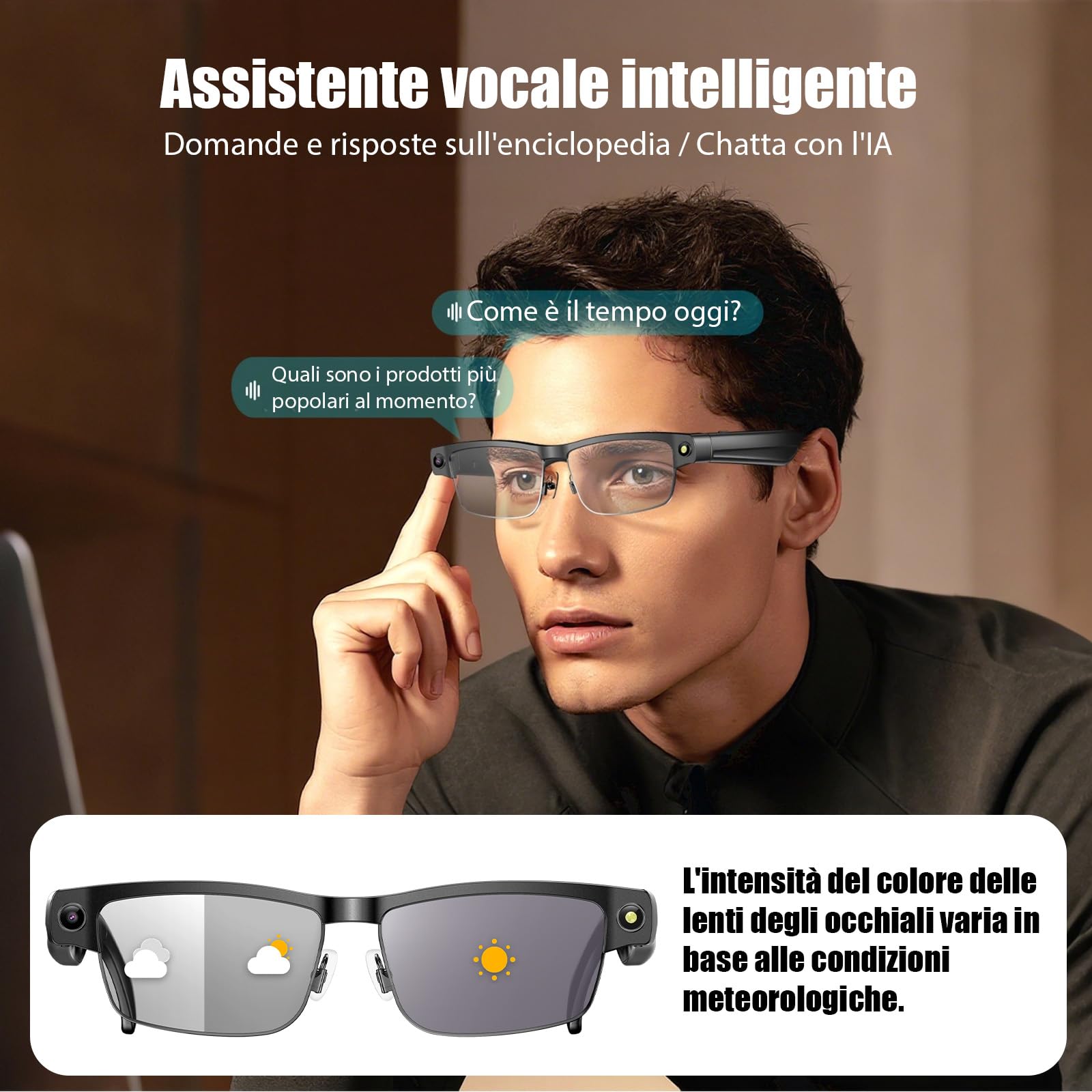 Occhiali Intelligenti AI con Fotocamera 4K, 8MP HD Video Anti-Vibrazione/GPT Vision/Comando Vocale AI, Chiamate e Traduzione BT Doppio Nitido (L802)