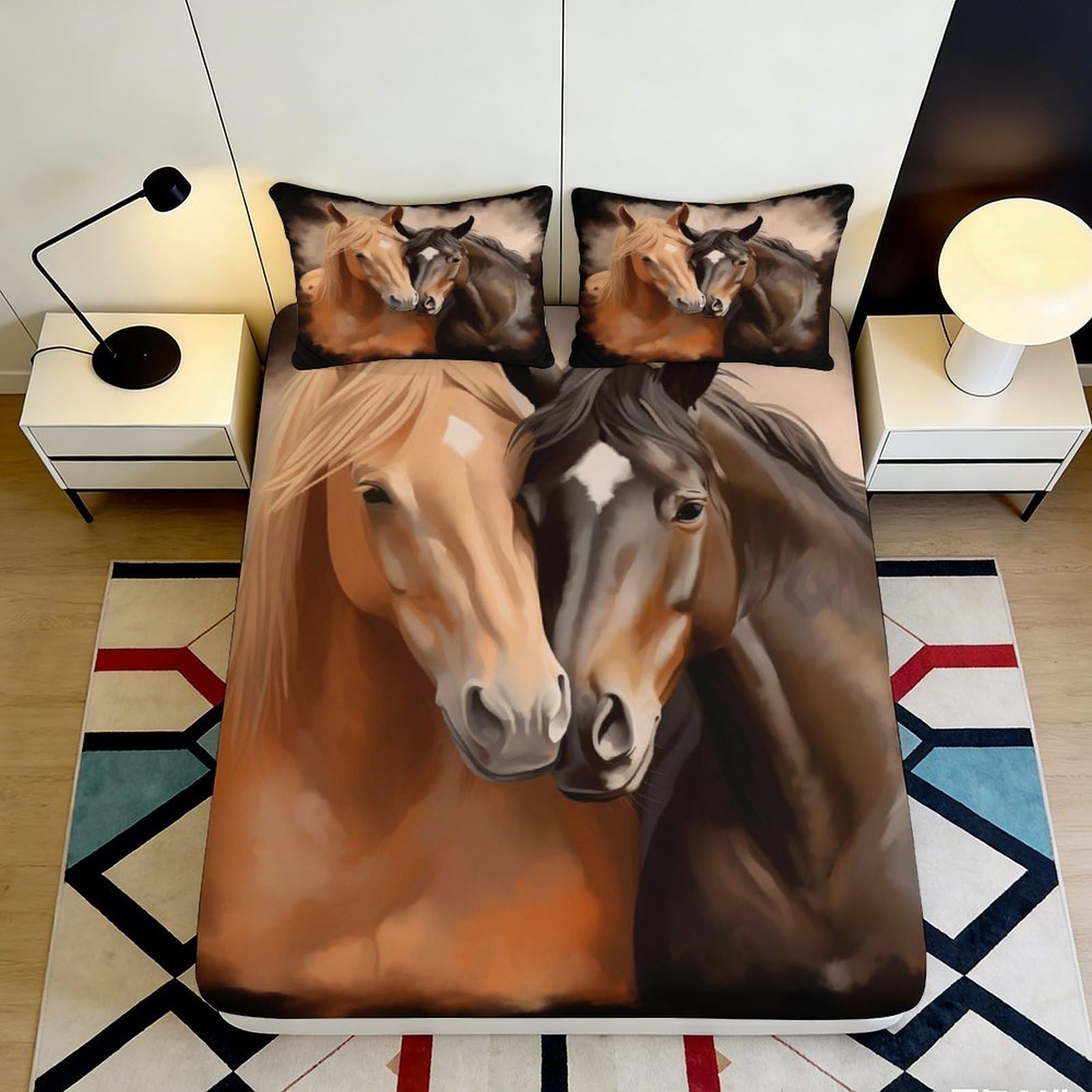 Qjzxknhpgr Style-5 3D Printed Brown Horse Fitted Sheet Microfiber Anti-Slip Black Horse Mattress Cover For Bedroom Guest Room Easy Care Decor 90X200x25cm
