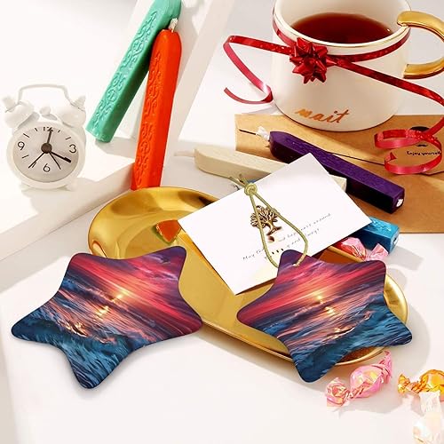 Miniatura 4 de Árbol de Navidad colgante de cerámica con lazo dorado, cálido crepúsculo, océano, adornos de cerámica para el hogar, manualidades en forma de