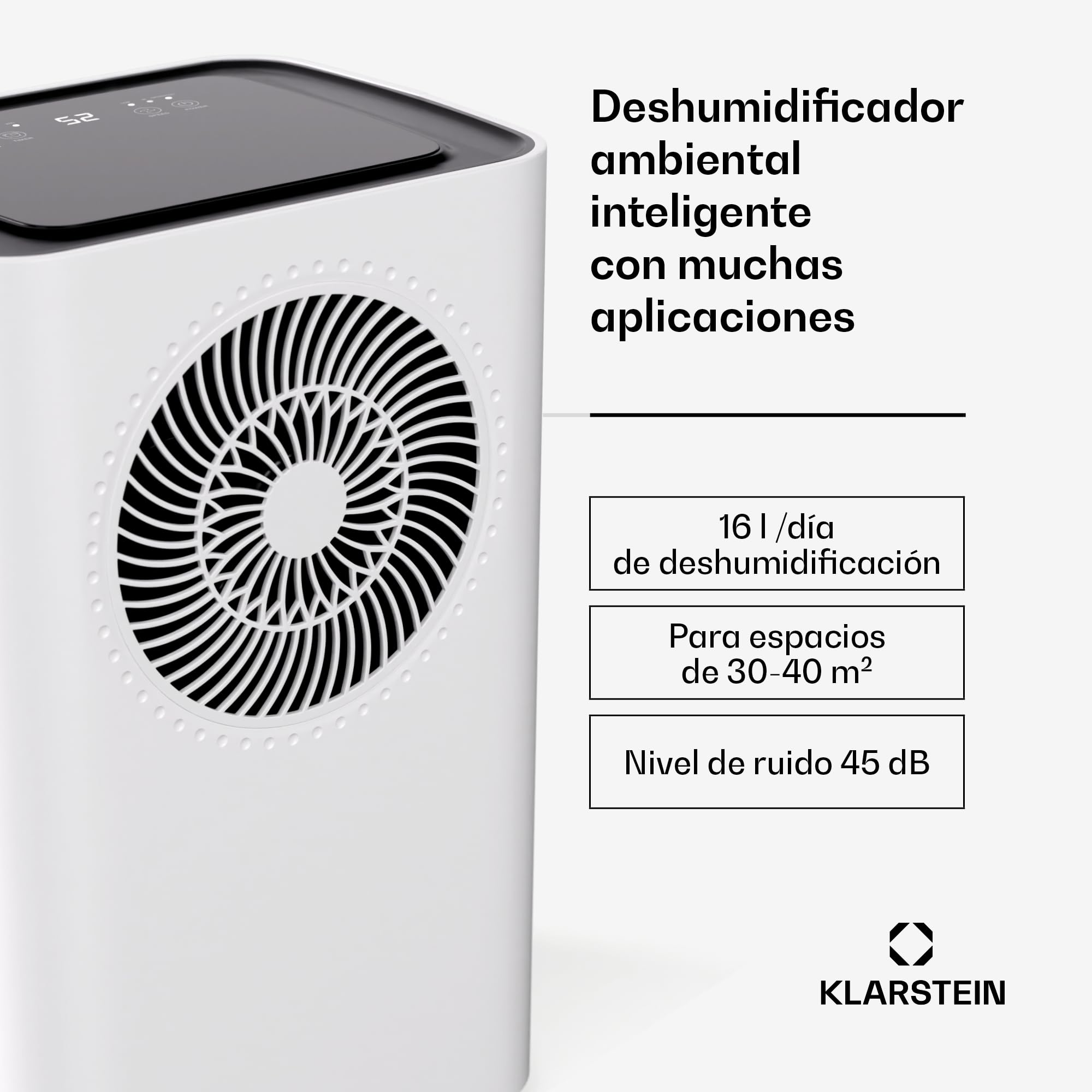 Klarstein CircleDry 16L Deshumidificador Inteligente, Wifi, Silencioso 38dB, Temporizador 24h, Drenaje Continuo, Control de Humedad, Portátil para Hogar, Oficina, Habitaciones hasta 32m²
