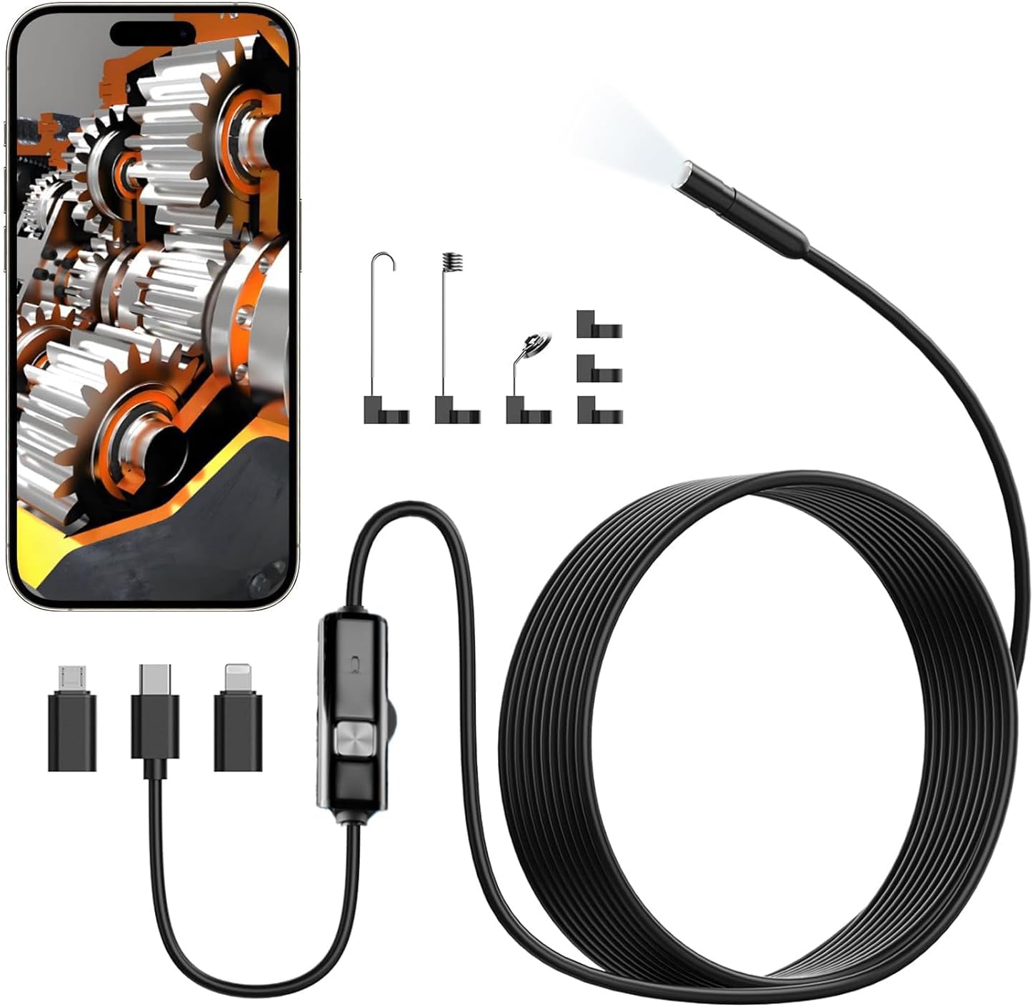 Endoscope Camera with Light, 1920P HD Borescope Inspection Camera with 8 Adjustable LEDs, IP67 Waterproof Semi-Rigid Snake Cable for Android, iPhone, and iPad